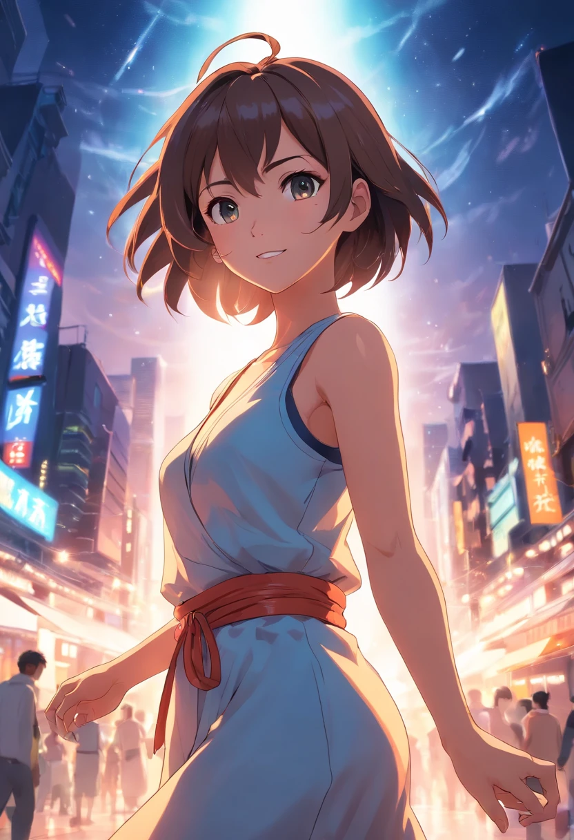 masterpiece, best quality, 1woman, training, standing, smiling, angry face, aura power, night, natural light, standing, female focus, strong muscles, movie composition, depth of field, bokeh, (futuristic), full body, tall woman, older woman, monk, martial artist, mountain, robes