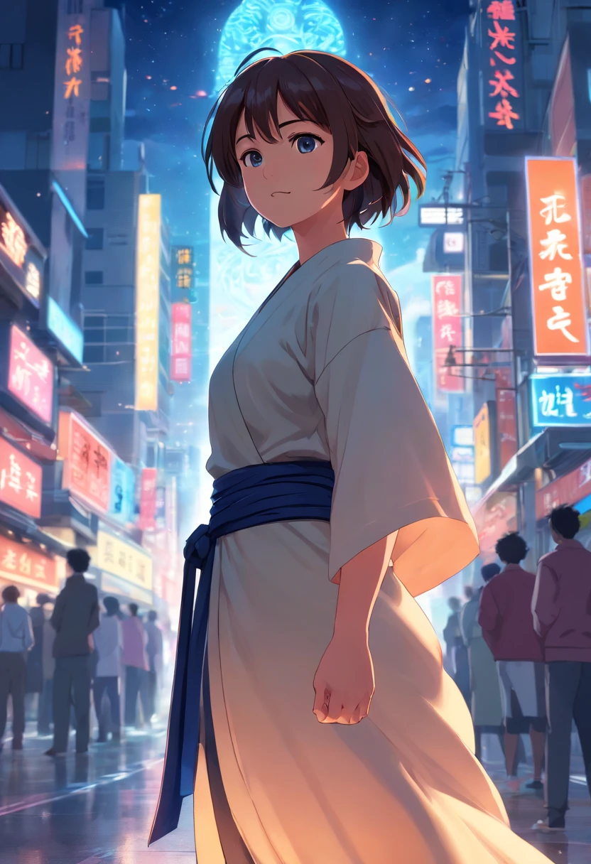 masterpiece, best quality, 1woman, training, standing, smiling, angry face, aura power, night, natural light, standing, female focus, strong muscles, movie composition, depth of field, bokeh, (futuristic), full body, tall woman, older woman, monk, martial artist, mountain, robes