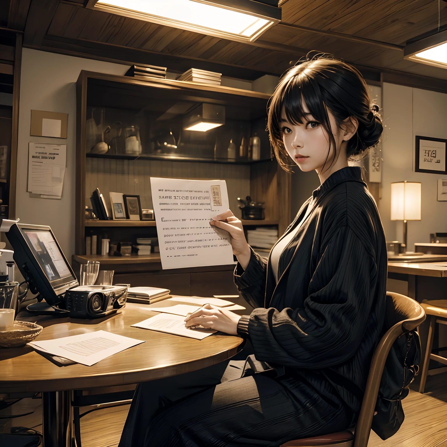 a woman、Hold the note in your right hand、Women to show viewers、One Japan Woman、Sitting on a chair