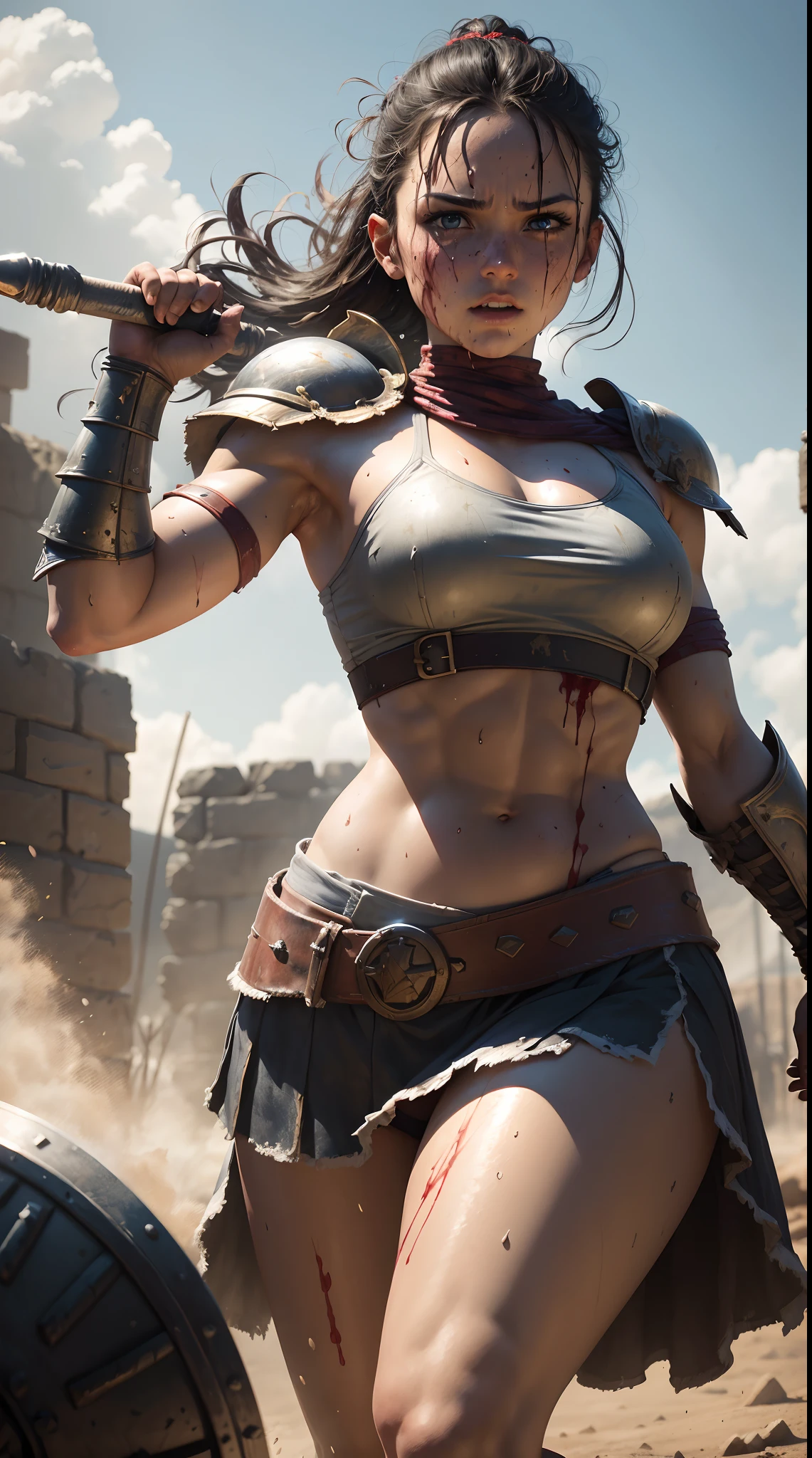 (gladiator:1.1),(Determined,Strong:1.1),(Soaked with sweat),(brutal,violence:1.1),(Splashing blood),(battle scars),(arma:1.1),(Armour:1.1),(life-and-death),(victory).(Arena),(dust cloud).
