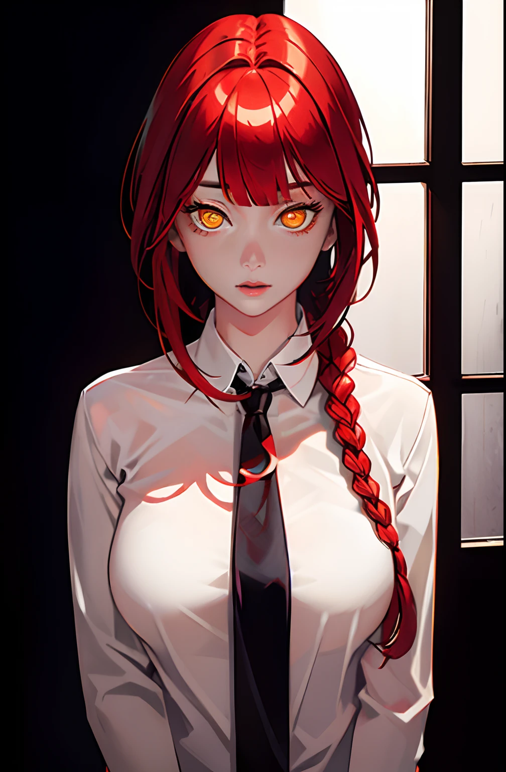 masterpiece, (Realistic:1.4), Highest quality, Beautiful lighting,
(Urzan-6500:0.5), hand \(Chainsaw Man\), (Redhead)+(Long braided hair)+(bangs), Yellow Eyes, Golden Eyes, ((The eyes are round)), (White shirt), (tie),
RAW Photos, 8K Ultra HD, Film Grain