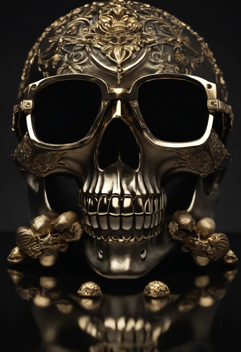 Skull wearing sunglasses with ornate design on it against a black background, caveiras de ouro, in style of chrome hearts, caveira, sacred skull, there is a skull over a table, glass skull, the head of the man is a skull, skull head, gravado altamente detalhado, skull, with sunglasses, fantasy skull, kris kuksi, single aztec skull, Skull in different poses