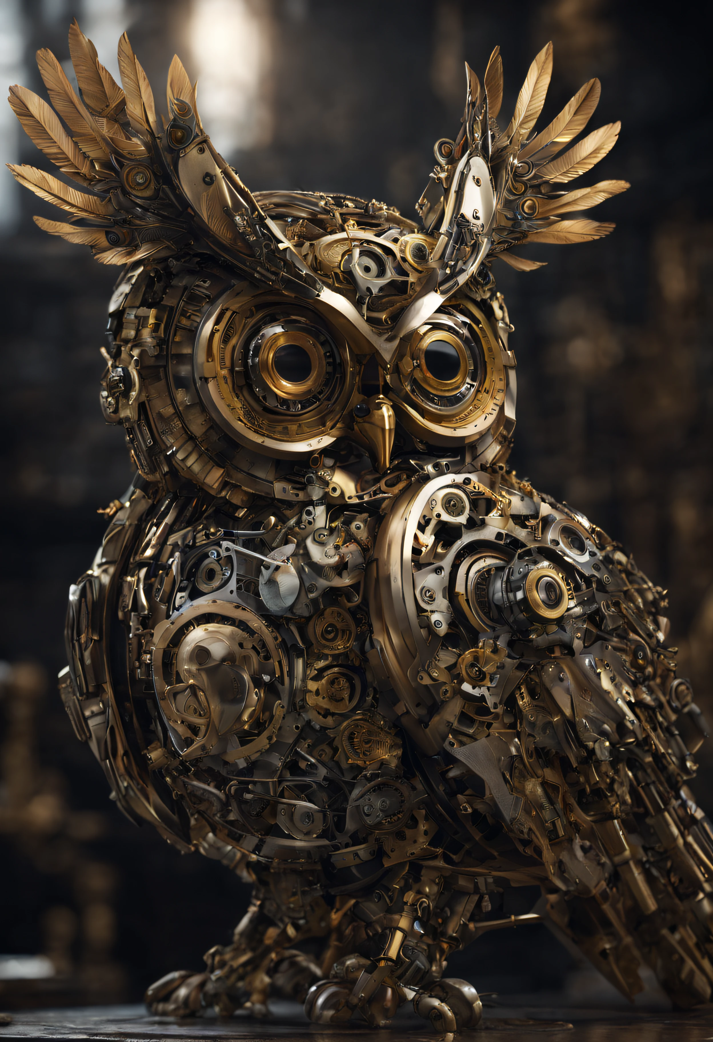 ((mechanical owl)), clockwork background, wide shot, machinery, Super detailed, 24k, Unreal Engine 5, Intricate details, ultra realistic owl, ((long tail)), ((tail feathers composed of machine parts)), detailed eyes