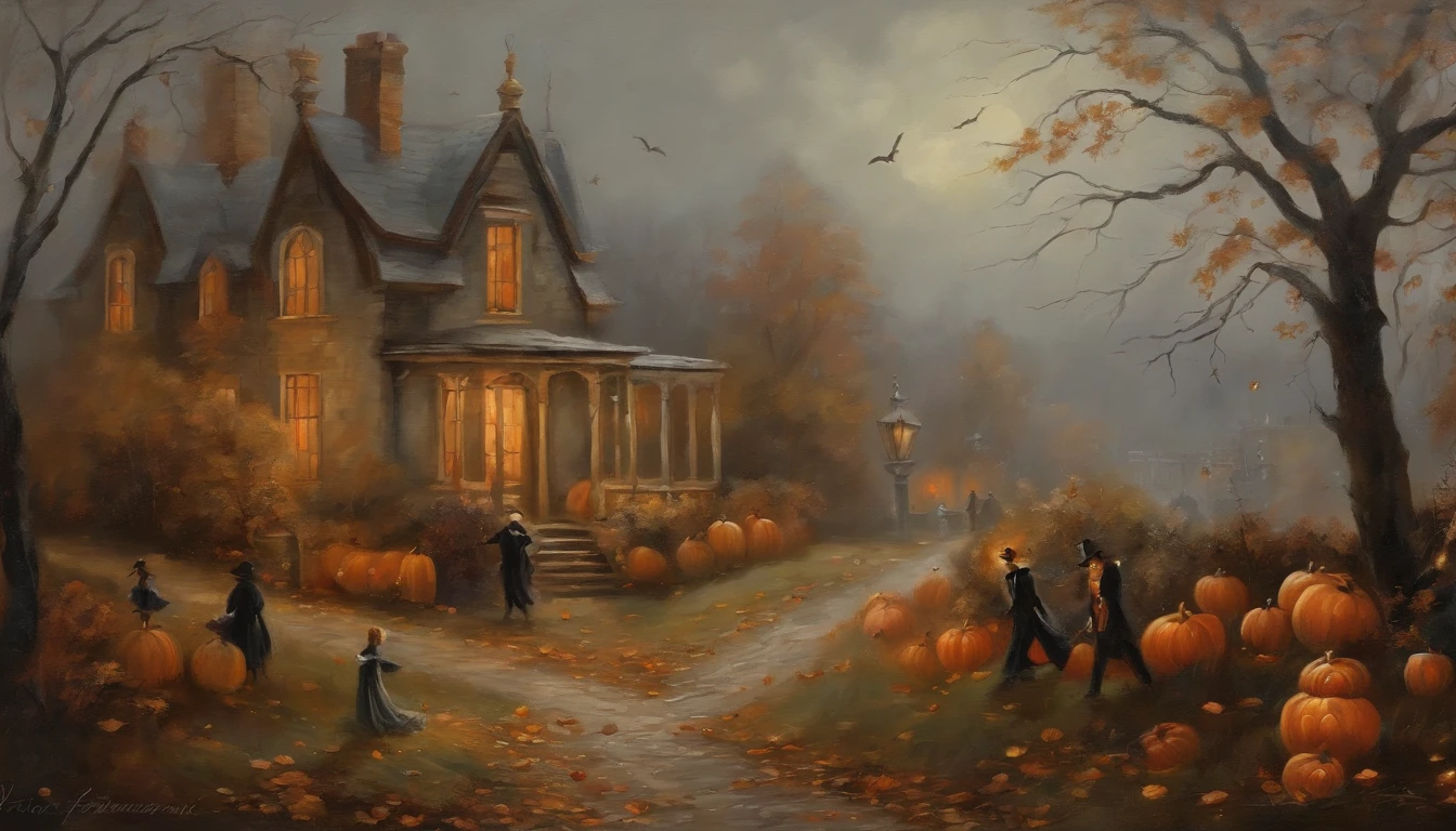 Painting Design Vintage Halloween Art, Espeluznante, Neutral rustic style, on an autumnal grey morning, con personajes fantasmas asustando por la calle.