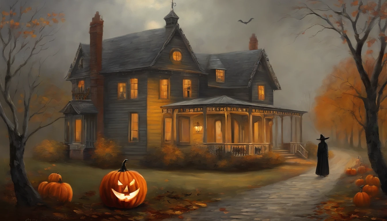 Painting Design Vintage Halloween Art, Espeluznante, Neutral rustic style, on an autumnal grey morning, con personajes fantasmas asustando por la calle.