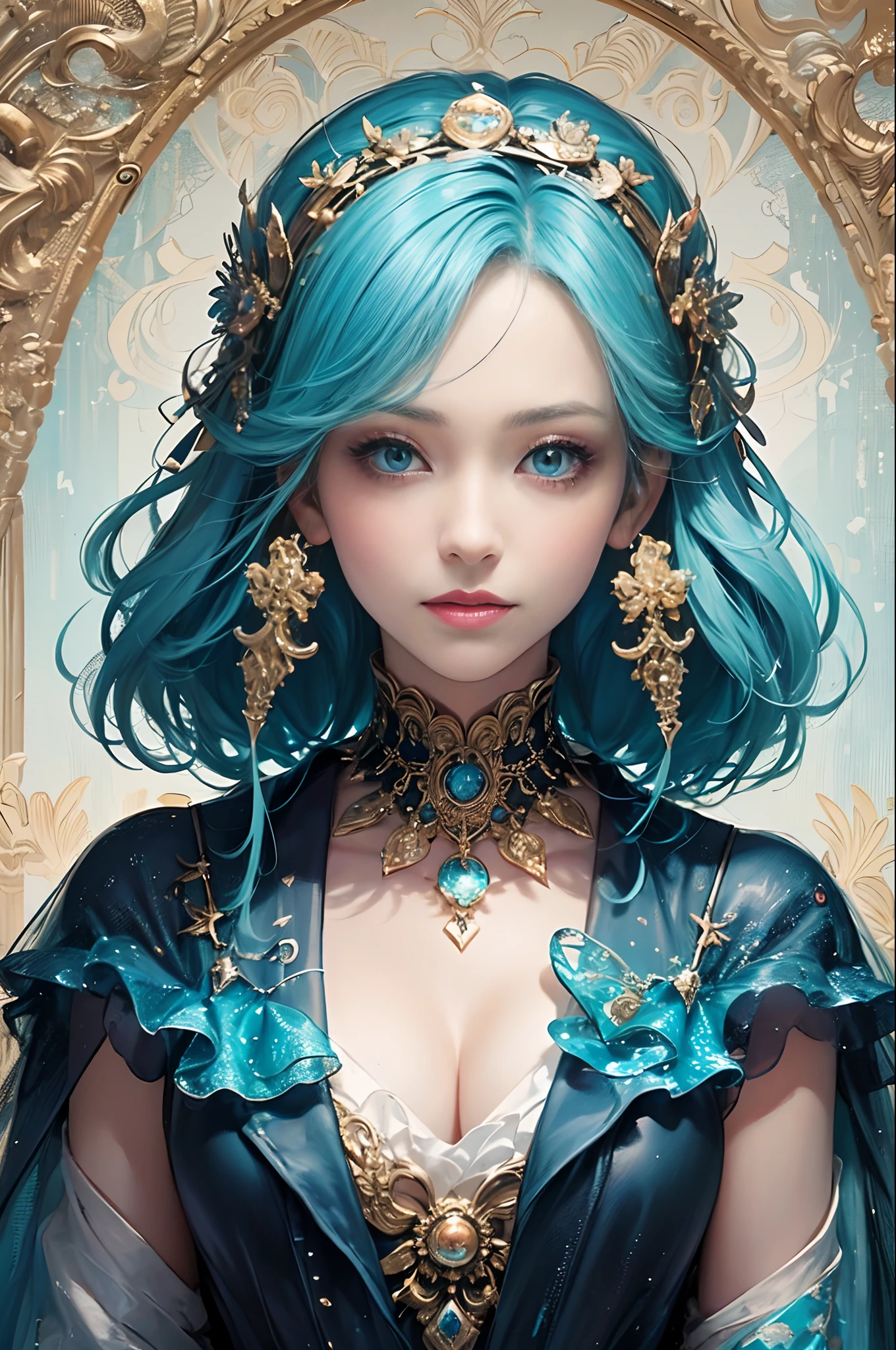 (masutepiece, of the highest quality, Best Quality, Official art, Beautiful and aesthetic:1.2), (1girl in), Extremely detailed,(Fractal Art:1.3),Colorful,Highest detail,Eye color is turquoise blue、