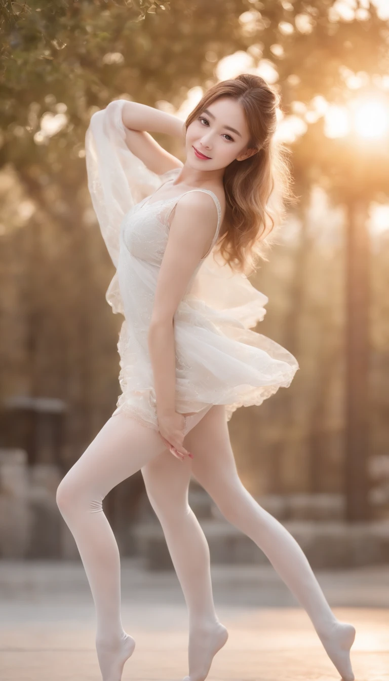 Golden Hair, Chinese girl, Martha Sutanto's artwork, (best quality, 4k, 8k, highres, masterpiece:1.2), clear facial features, adorable girl, captivating smile, intricate anatomy, spread legs, stockings, ballet dance, ballet dancer girl, kiss, tight-fitting suit, ballet slippers, bun hairstyle, white athletic leggings, single bun, realistic skin tone, white stockings, dynamic side ignition, sunset, (NSFW), perfect lighting, dynamic pose, dynamic angle.