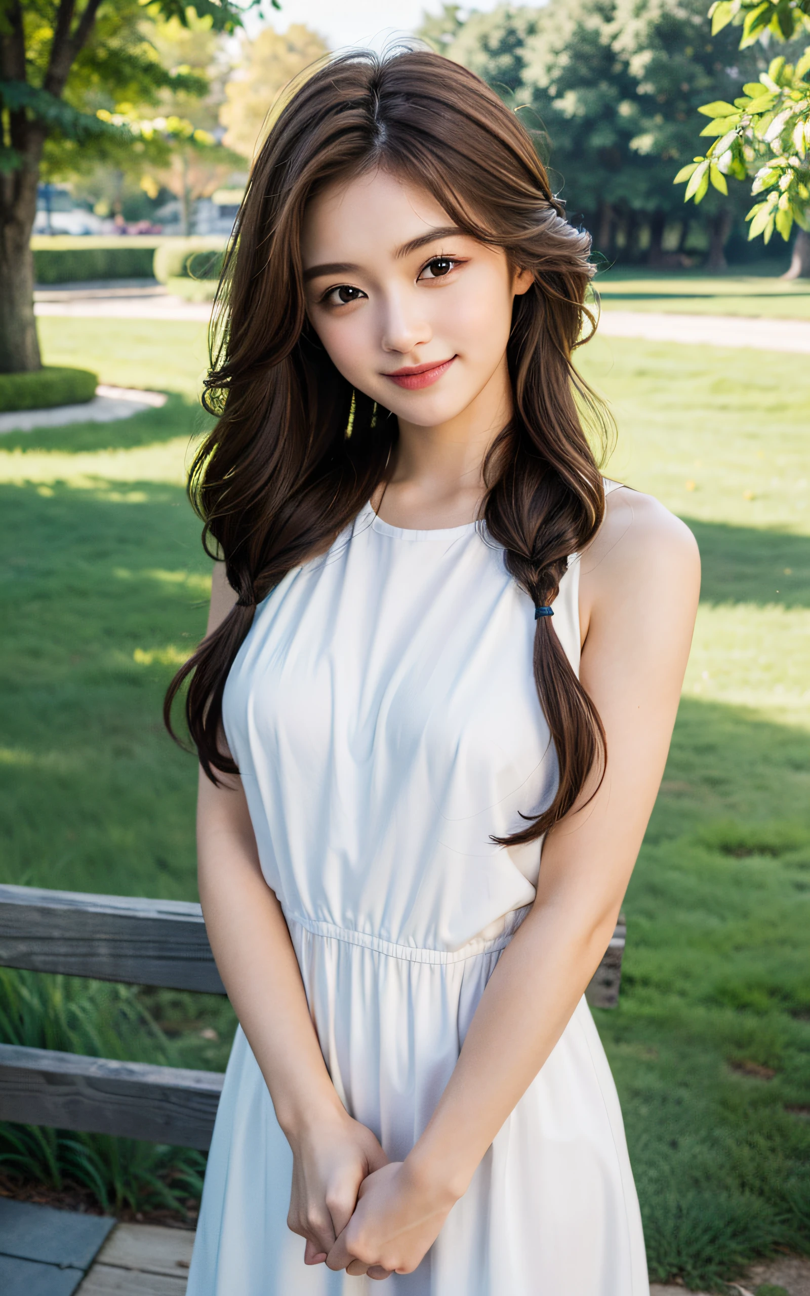 (Masterpiece:1.3), (8k, Photorealistic, RAW Photography, Best Quality: 1.4), soft light, professional lighting, 1girl, 16 years old, neat and clean beauty, shy, smile, Brown Medium hair, (random hairstyles :1.2), outdoors