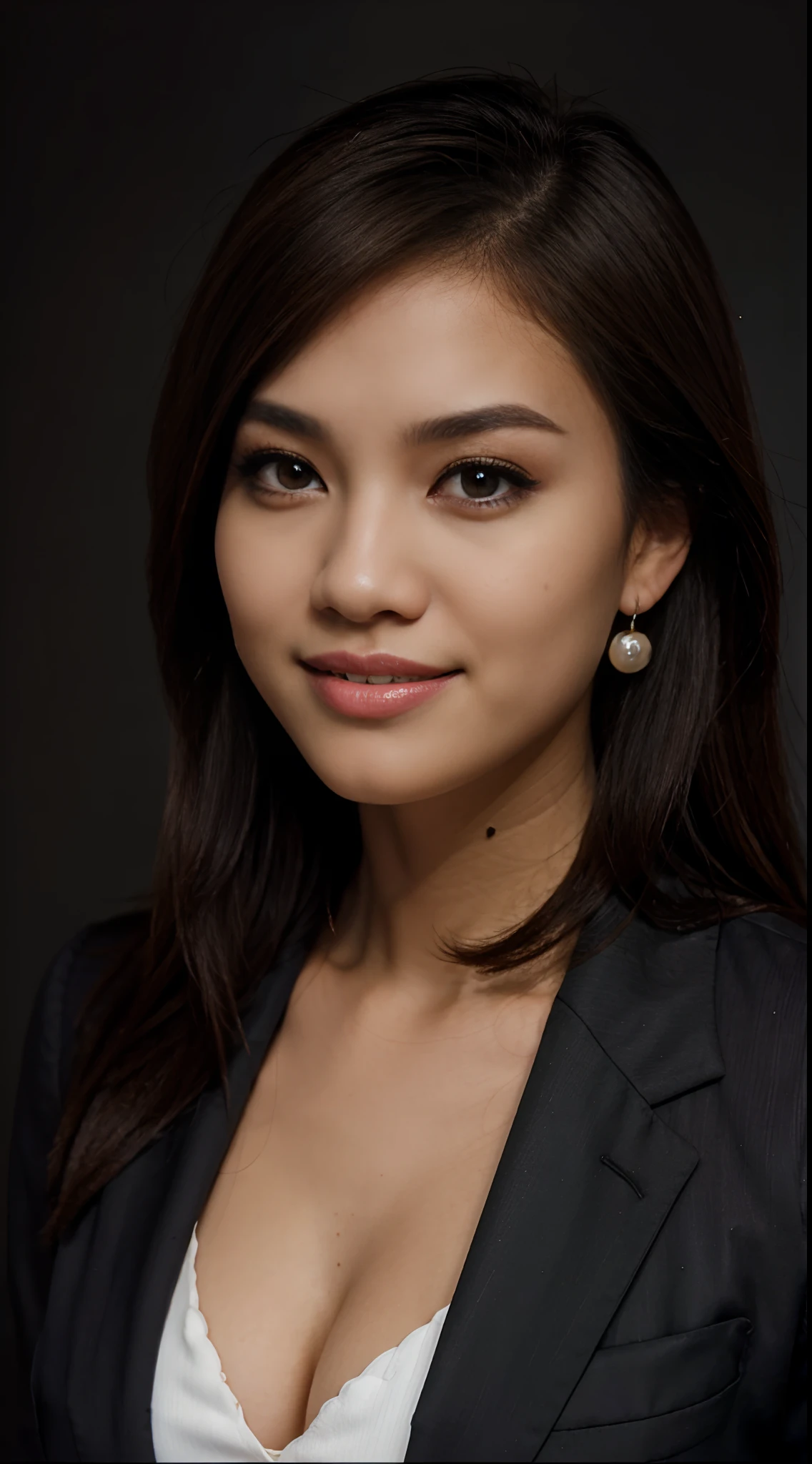 RAW Photo, DSLR BREAK (kkw-ph1:0.9) BREAK portrait of ung 20yo woman, brown hair, wearing a business suit, with a business suit on, in a strict suit, wearing stud pearl earrings, perfect eyes, perfect lips, perfect nose, professional color graded, wonderful woman, dark background, filipina, pinay, filipino woman, smiling