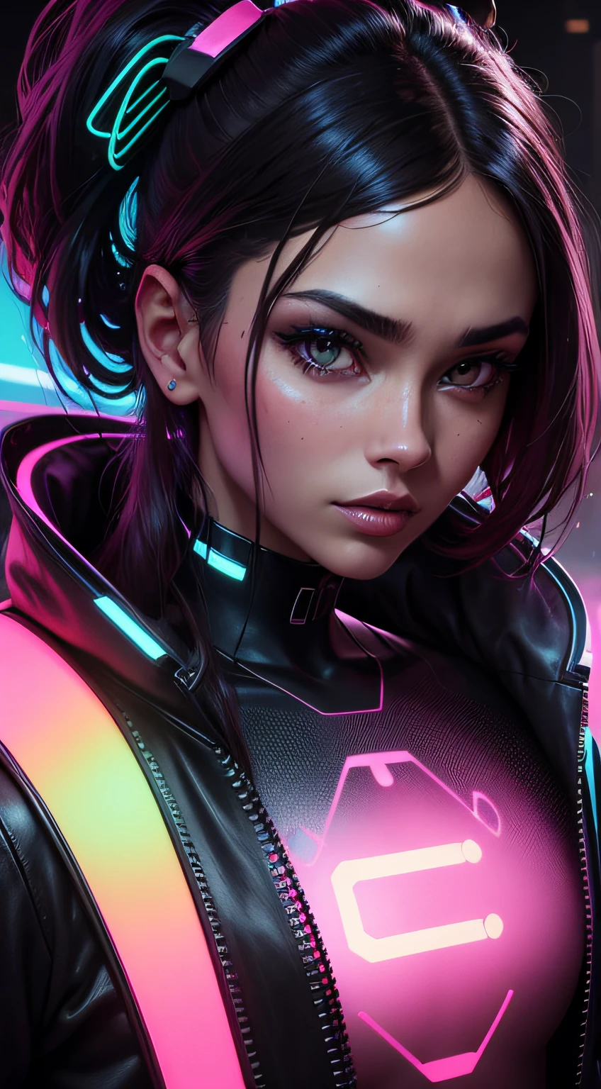 Create a striking, high-resolution image with a neon background while preserving the facial features and expression of the subject. The background should feature vibrant, realistic neon lights and futuristic elements, providing an eye-catching, urban aesthetic that complements the subject's face. Ensure that the subject's facial quality remains unchanged throughout the image transformation.