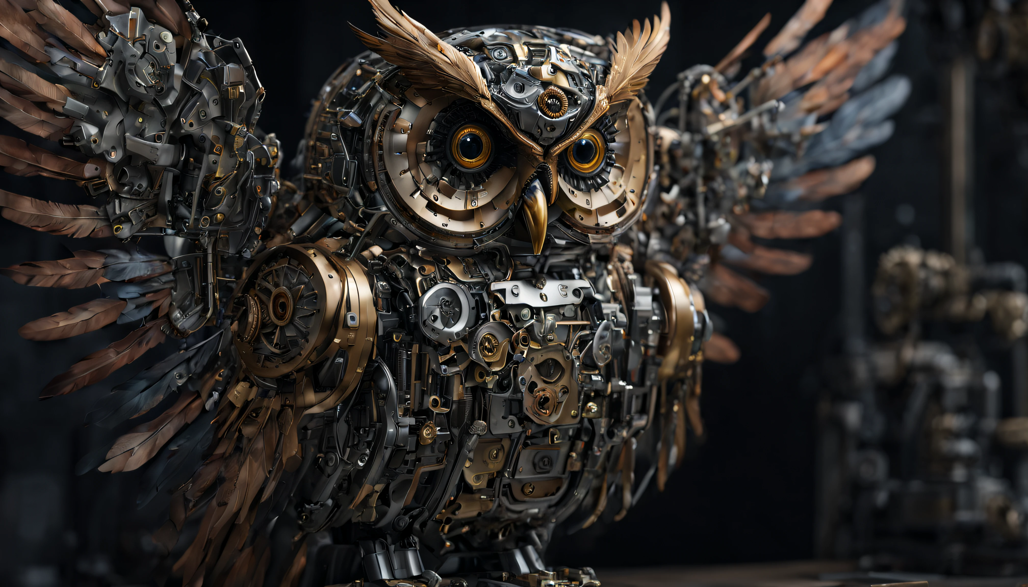 ((mechanical owl)), (cyborg:1.2), machinery, rich colors, detailed portraits, Super detailed, 24k, Unreal Engine 5, Intricate details, ultra realistic owl, ((long tail)), ((tail feathers composed of machine parts)), detailed eyes