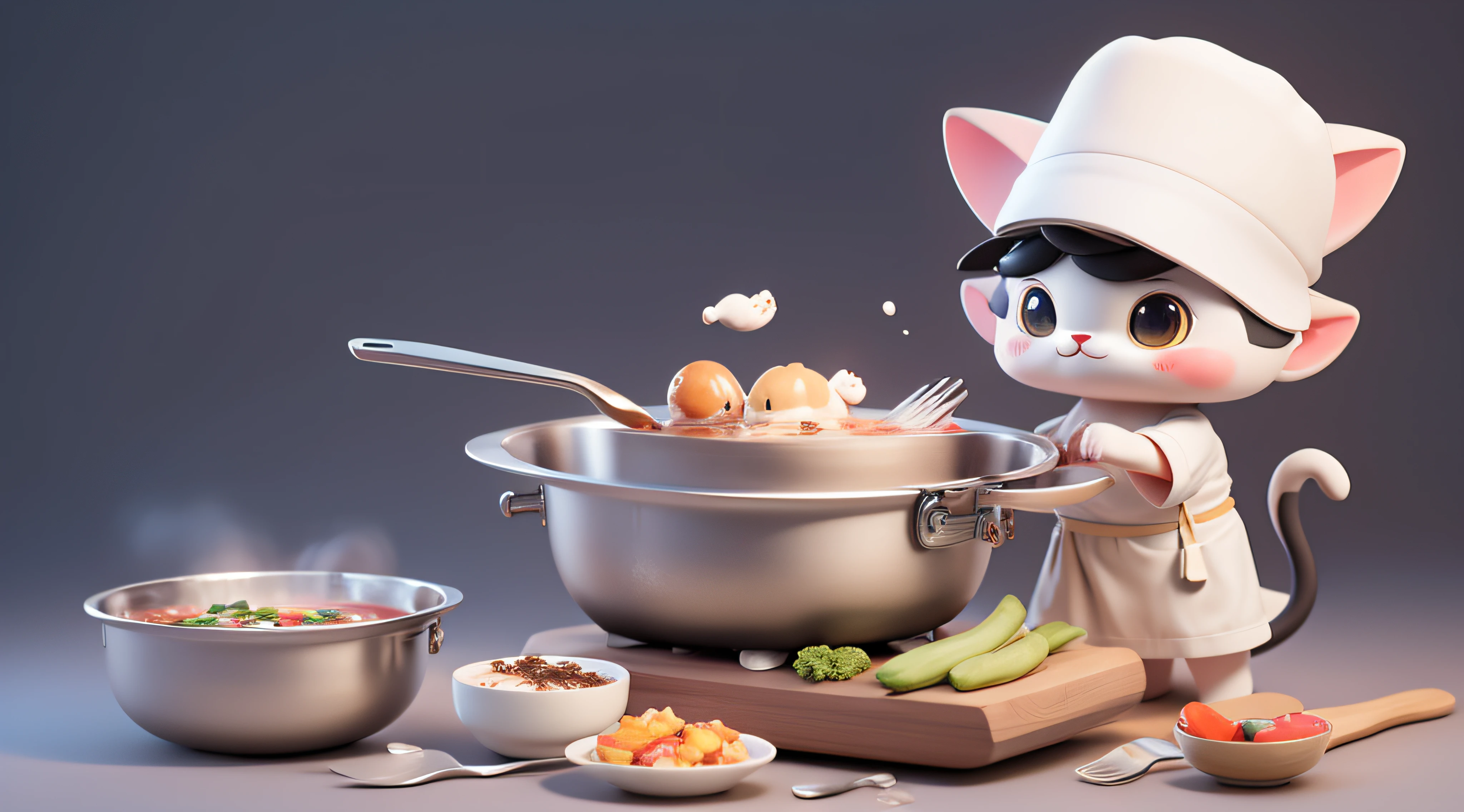 Best quality, 8K, offcial art, Cinematic light, 超A high resolution, A cute cat，Wearing a chef's hat，Knives and forks in hand，greybackground，8K level quality，（hot pot）