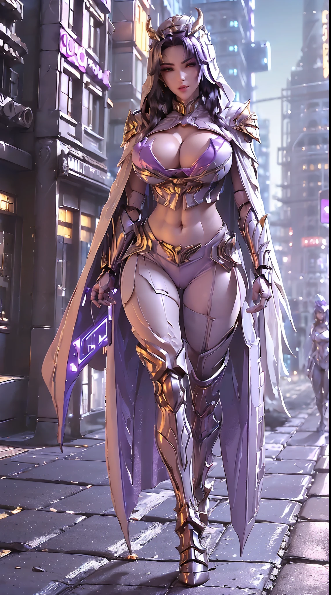 1GIRL, SOLO, (HUGE FAKE BOOBS:1.3), (white, gold, purple), (ARMOR CROP TOP, ROYAL CAPE, CLEAVAGE:1.5), (SKINTIGHT YOGA PANTS, HIGH HEELS:1.2), (GLAMOROUS BODY, MUSCLE ABS, FULL BODY:1.2), (LOOKING AT VIEWER:1.5), (WALKING DOWN STREET CYBER NIGHT CITY:1.5), ULTRA HIGHT DEFINITION, 8K, 1080P.