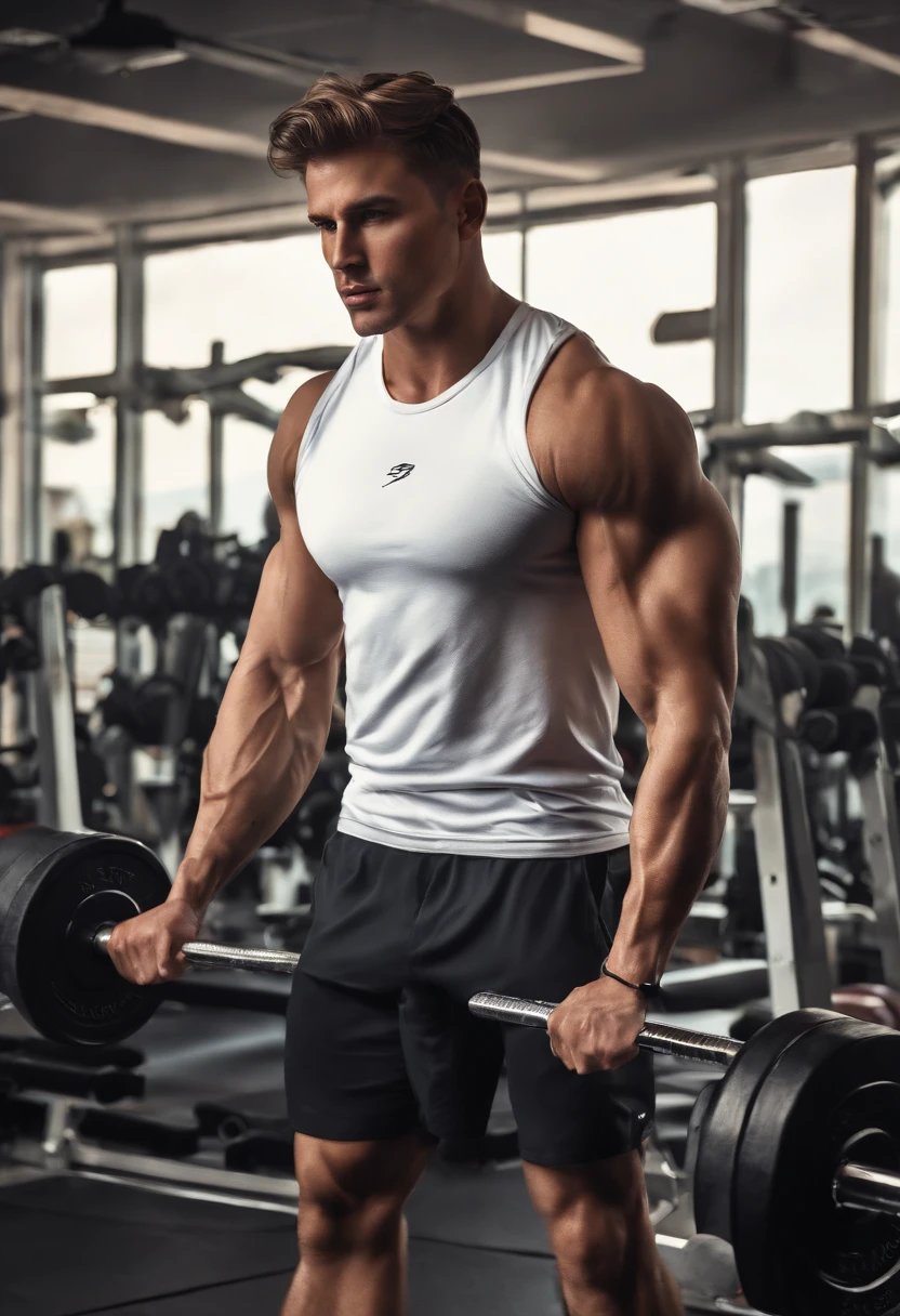 a T-shirt illustration of male model working out intensely in a gym, 24k