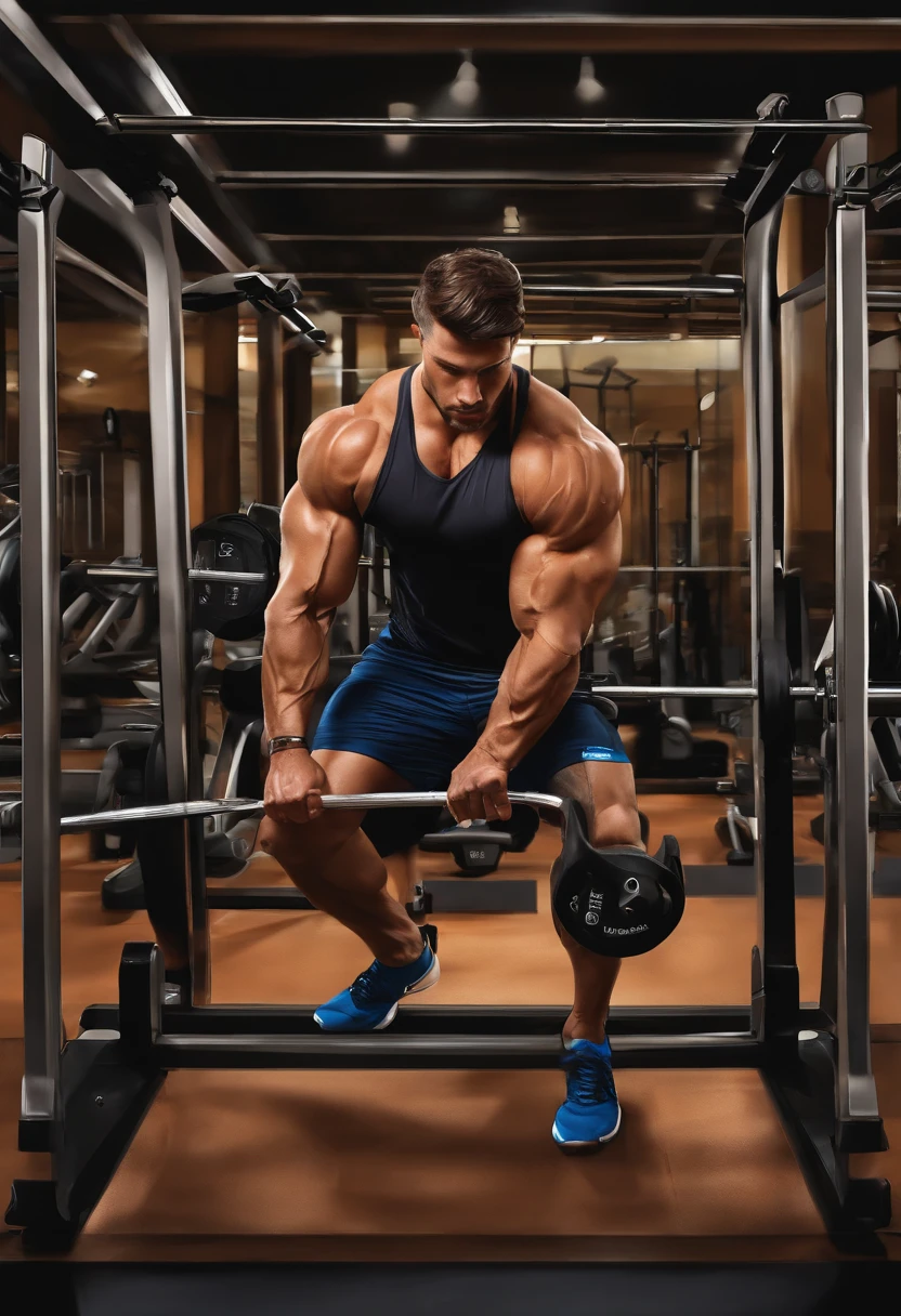 Muscular athlete, bare chest, lower body uncovered from thighs to feet, long flowing curls, meticulous muscle definition, lifelike portrayal, 4K quality. Background: Modern gym with exercise equipment and mirrors,32k uhd, best quality, masterpiece, super detail, high details