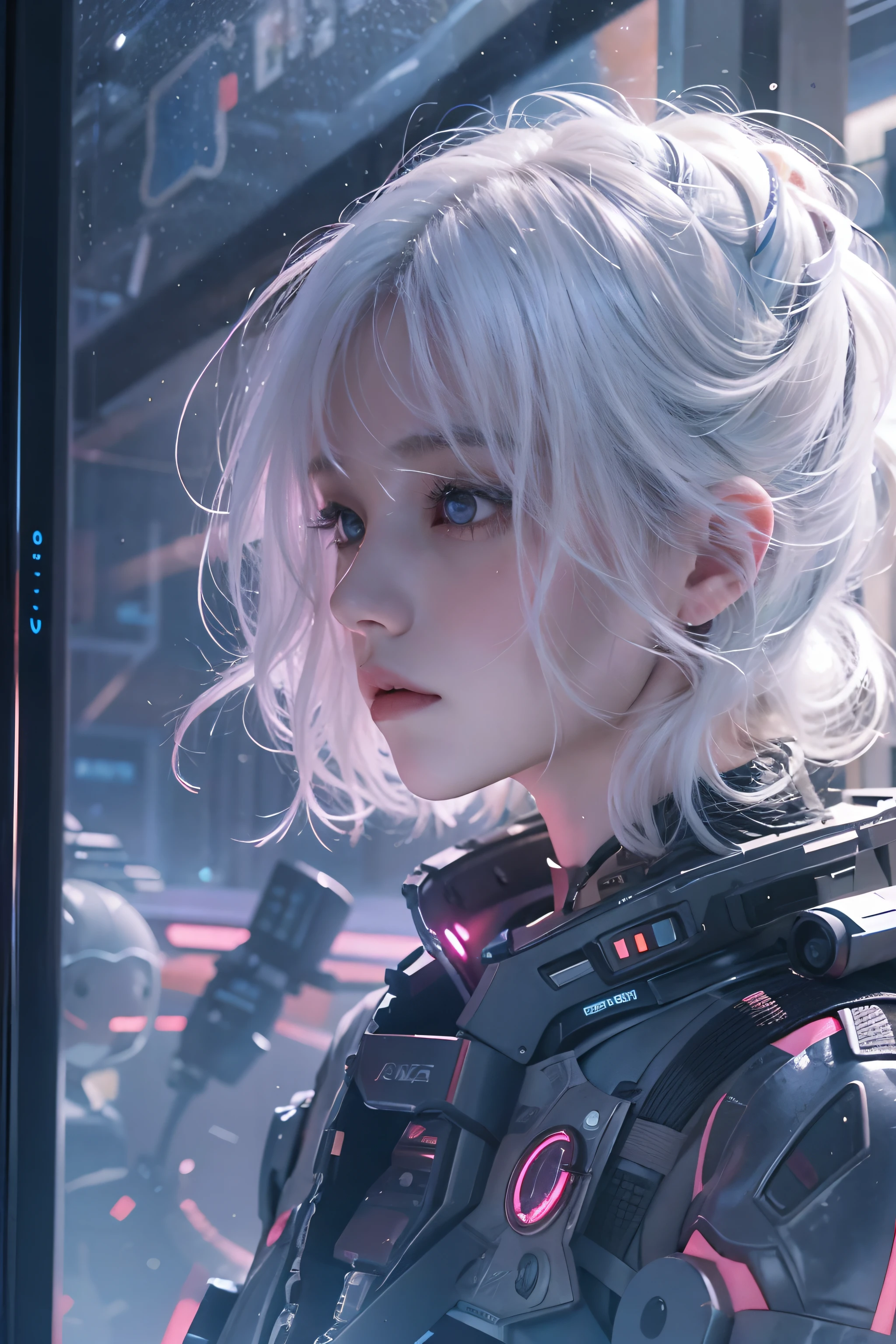 1People Girls、White hair、Inside a cyber spaceship、Evangelion、Outside the window is a beautiful galaxy、