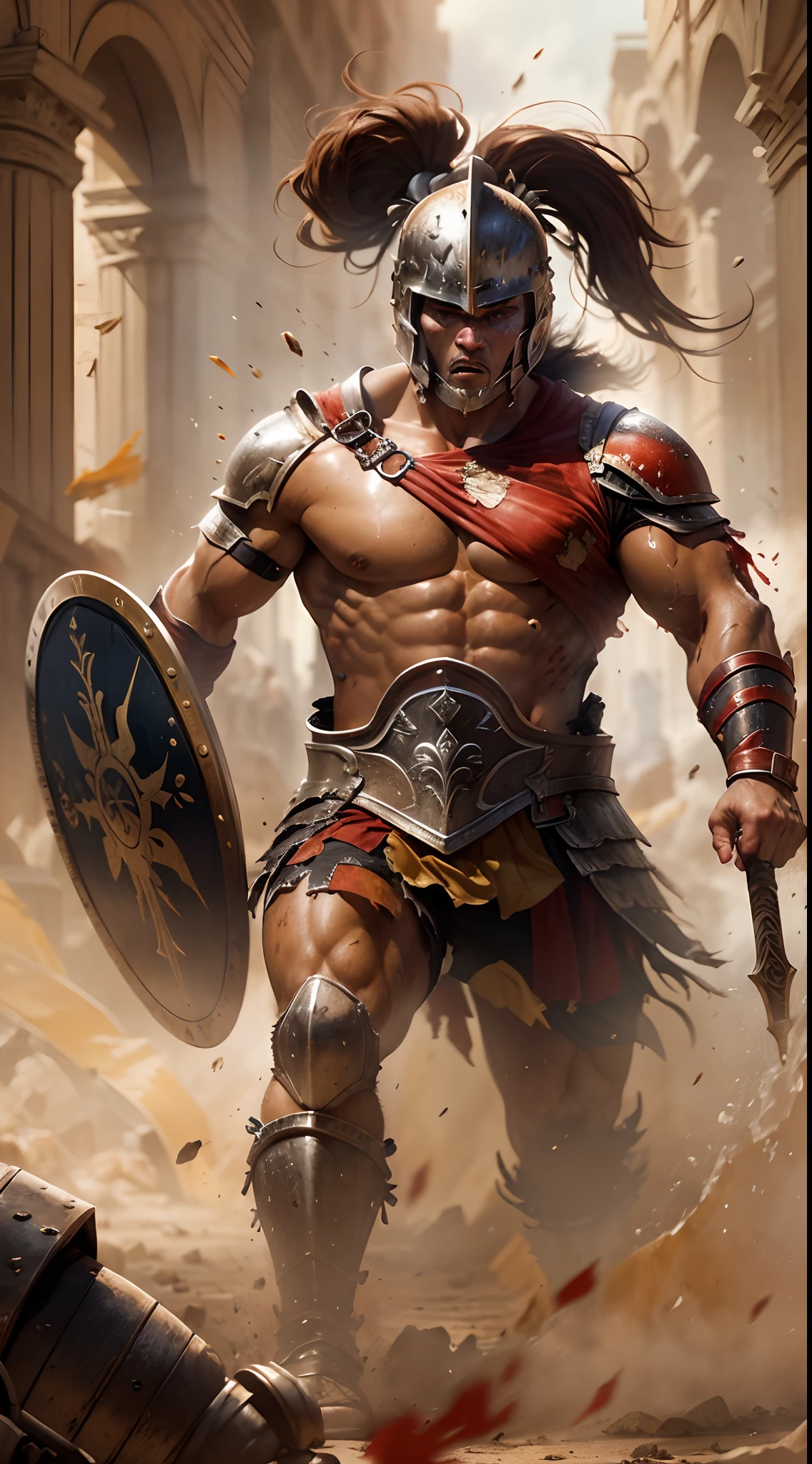 (gladiator:1.1),(Determined,Strong:1.1),(Intense,battle:1.1),(brutal,violence:1.1),(dust cloud),(Colosseum),(epic battles),(Splashing blood),(Arena),(The physique of a fighter),(Soaked with sweat),(battle scars),(arma:1.1),(Armour:1.1),(Ferocious attack),(Overcome adversity),(life-and-death),(victory).