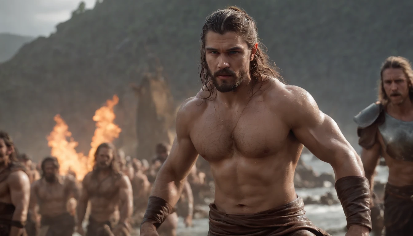A strong and courageous young man is chosen as the leader of his people. Seus inimigos ou pressionados, But he remains steadfastly dedicated to his mission, even when you're at a disadvantage,(Professional 3D rendering:1.3) de (Realistic:1.3) Foto de arte mais bonita do mundo,Features soft, bright male heroes, ((Epic hero muscular fantasy rough man angry wet hero looking long hair short beard and fierce expression in dynamic pose, fantastic location, majestoso ambiente desordenado)), Full-body 8k unified rendering, action shot, poros da pele, very dark lighting, sombreamento pesado, circunstanciado, Rosto detalhado, (vibrante, fotogrdeia realista, Realistic, Dramatic, Escuro, foco nítido, 8k), (Old leather clothes damaged by bad weather:1.4), ((((Use peles)))), (intrincado:1.4), decadente, (altamente detalhado:1.4), pintura digital, rendering by octane, art stations, Conceito-Arte, liso, foco nítido, illustration, germe da arte, (Loish:0.23), Wlop Ilya Kuvshinov, e Greg Rutkowski e Alphonse Mucha Gracias, (global ilumination, studiolight, Light Volumetric), chuva forte, floating particles, patife, fantasia, Onze, corpo inteiroesbian, ((Fundo escuro e antigo da cidade:1.3)),CGSesociedade,art stations