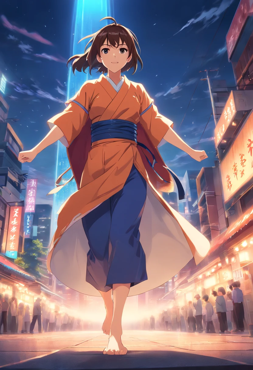 masterpiece, best quality, 1woman, training, standing, smiling, angry face, aura power, night, natural light, standing, female focus, strong muscles, movie composition, depth of field, bokeh, full body, tall woman, older woman, monk, martial artist, mountain, robes