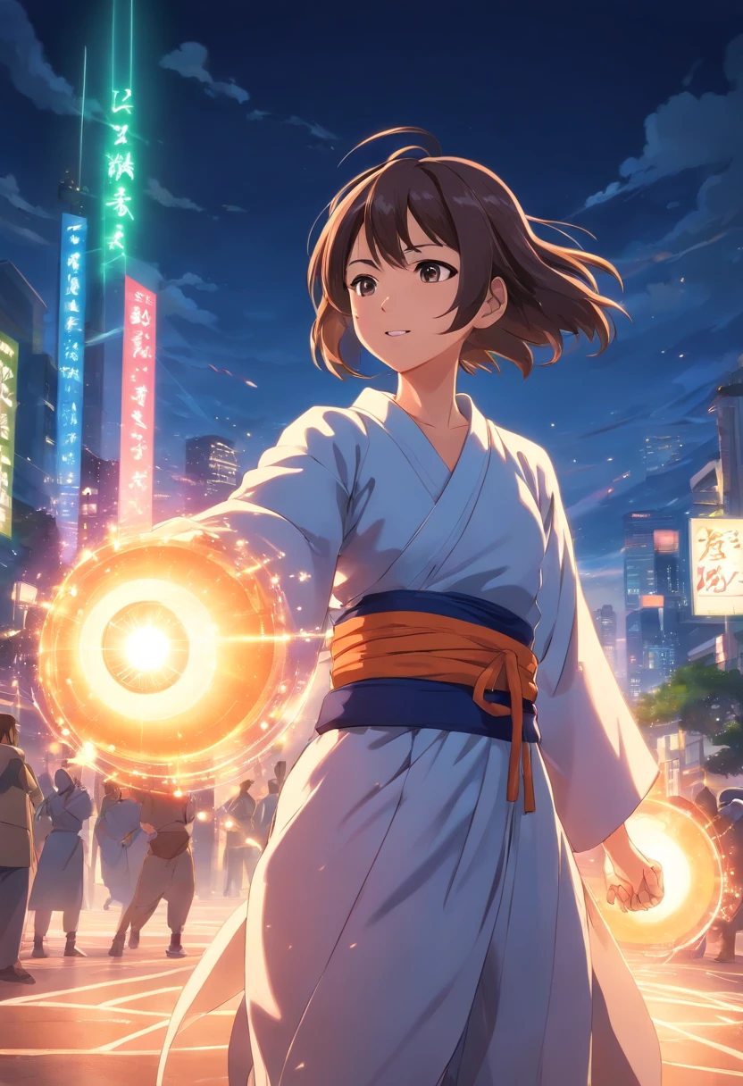 masterpiece, best quality, 1woman, training, standing, smiling, angry face, aura power, night, natural light, standing, female focus, strong muscles, movie composition, depth of field, bokeh, full body, tall woman, older woman, monk, martial artist, mountain, robes