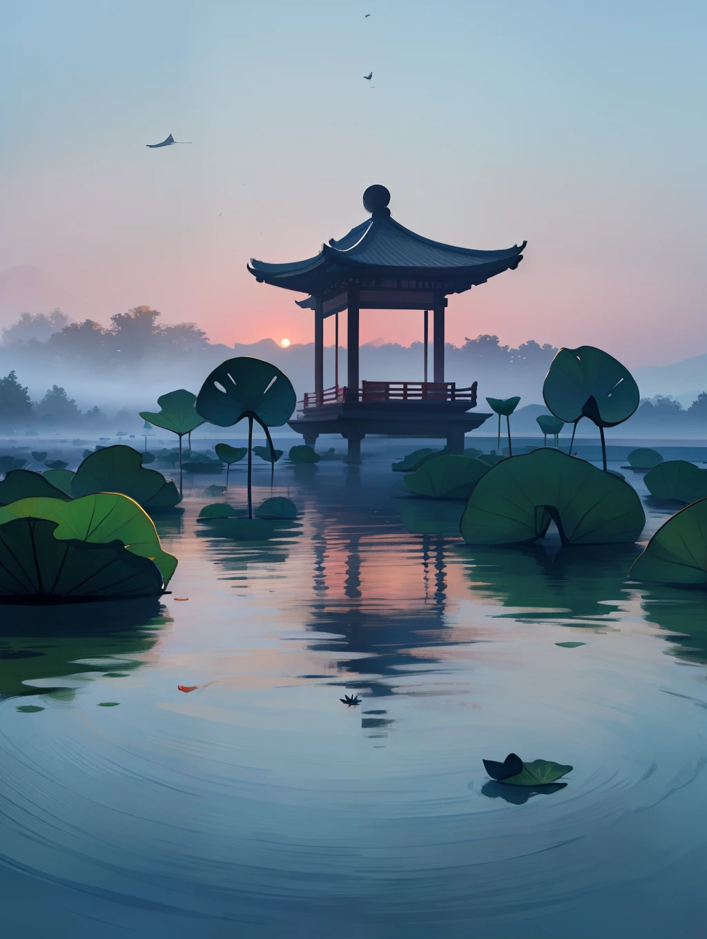 When the morning light first appeared, mist enveloped the quiet lotus pond. The water surface was like a mirror, reflecting the lotus leaves, pavilions and pavilions. There are lonely fishing boats floating on the lake, fishermen rowing boats, and the morning dew is shining. A crane flies away in the sky, Chinese ink painting, brush strokes --auto --s2