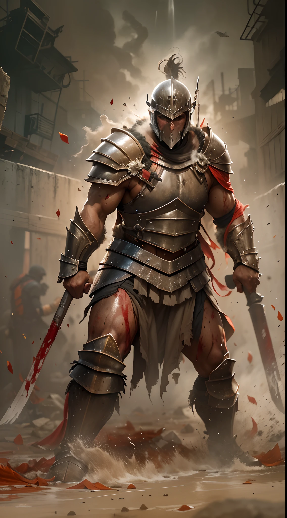 (gladiator:1.1),(Determined,Strong:1.1),(Soaked with sweat),(brutal,violence:1.1),(Splashing blood),(battle scars),(arma:1.1),(Armour:1.1),(life-and-death),(victory).(Arena),(dust cloud).