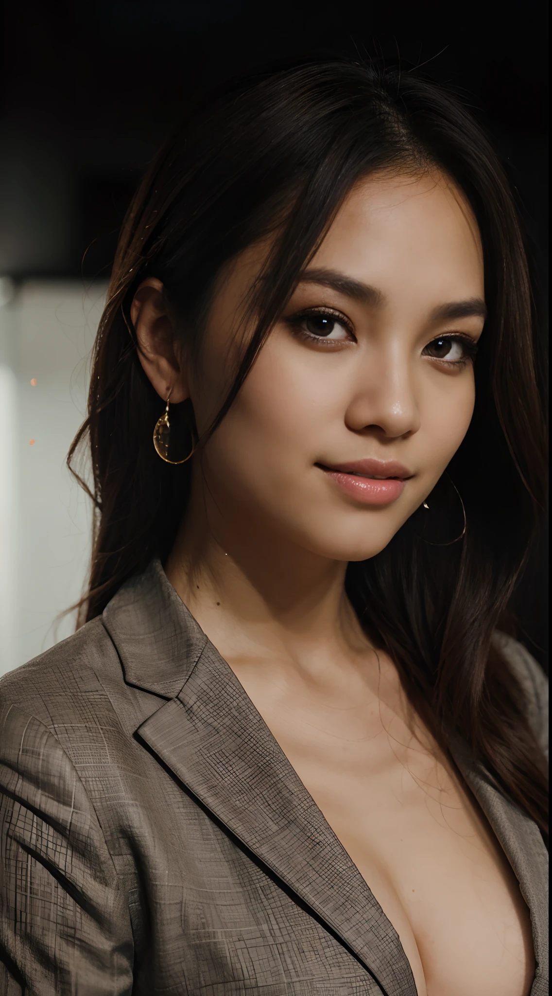 RAW Photo, DSLR BREAK (kkw-ph1:0.9) BREAK portrait of ung 20yo woman, brown hair, wearing a business suit, with a business suit on, in a strict suit, wearing stud pearl earrings, perfect eyes, perfect lips, perfect nose, professional color graded, wonderful woman, dark background, filipina, pinay, filipino woman, smiling