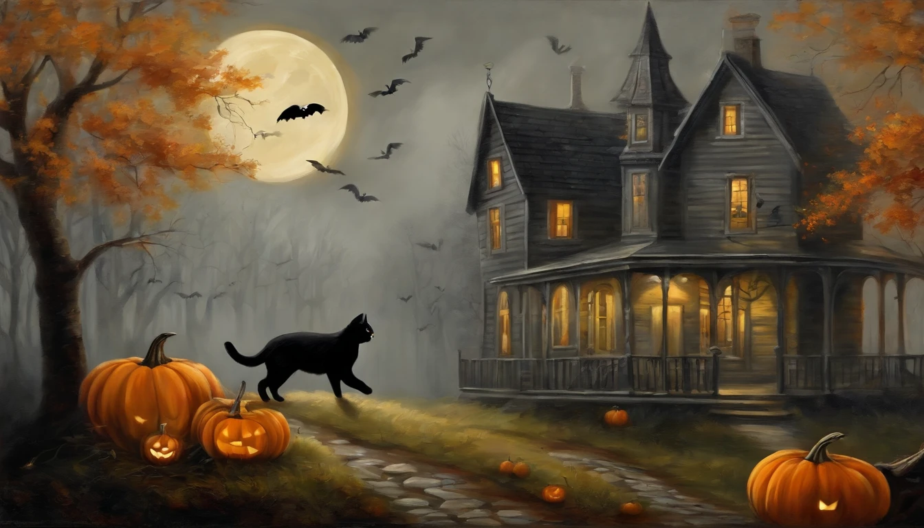 Art Design Painting Halloween vintage, espeluznante, Neutral rustic style, on a gray morning with black cats and crows.