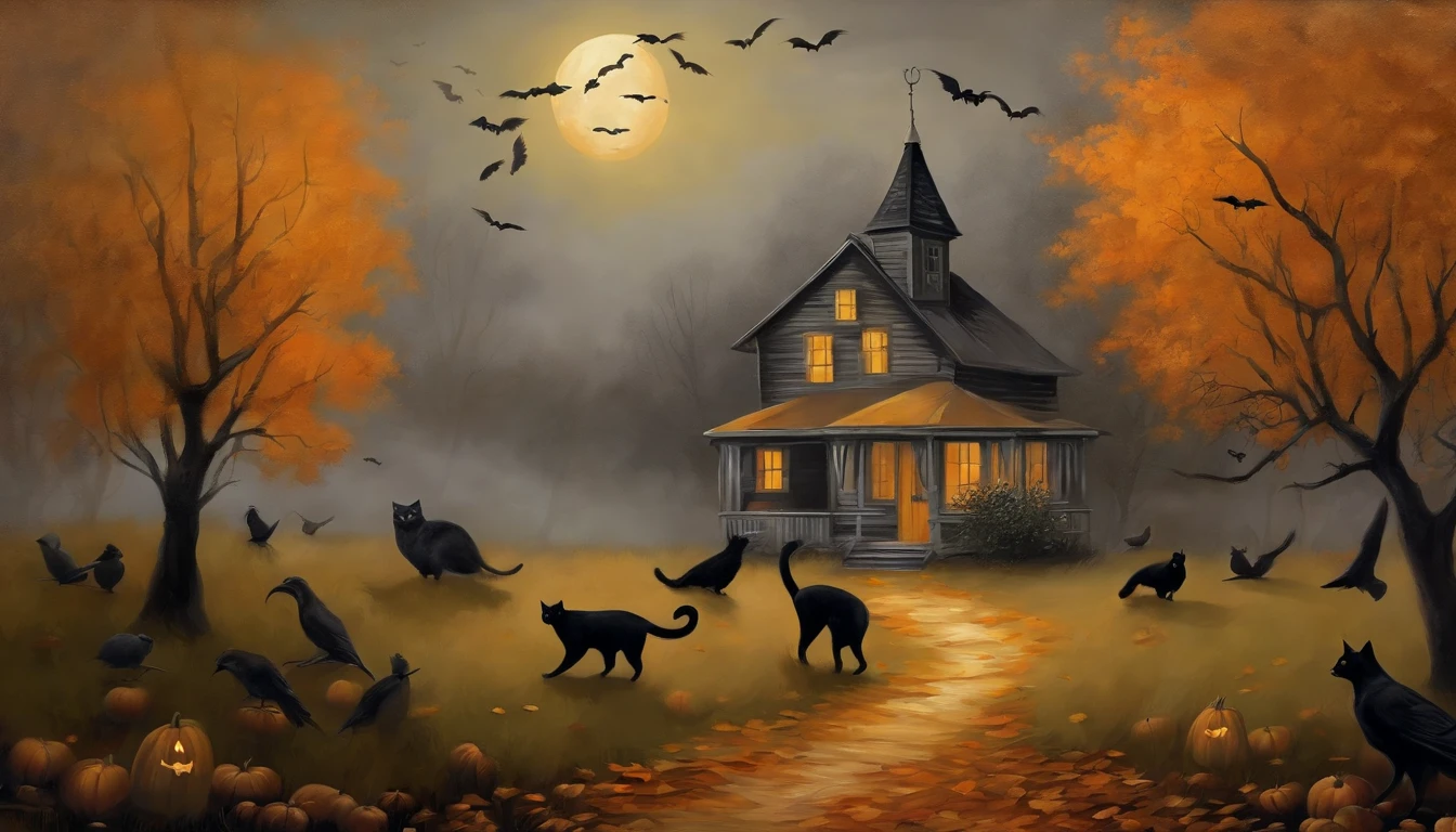 Art Design Painting Halloween vintage, espeluznante, Neutral rustic style, on a gray morning with black cats and crows.
