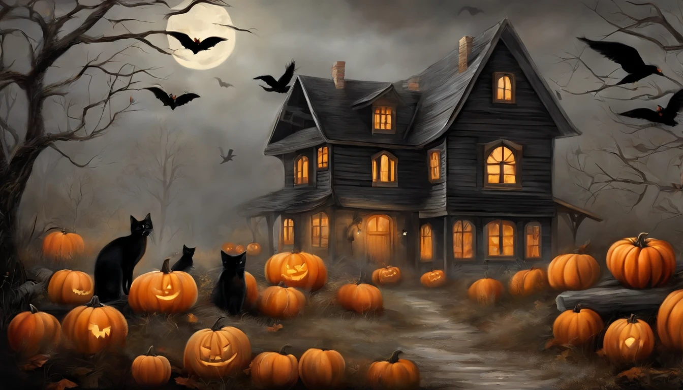 Art Design Painting Halloween vintage, espeluznante, Neutral rustic style, on a gray morning with black cats and crows.