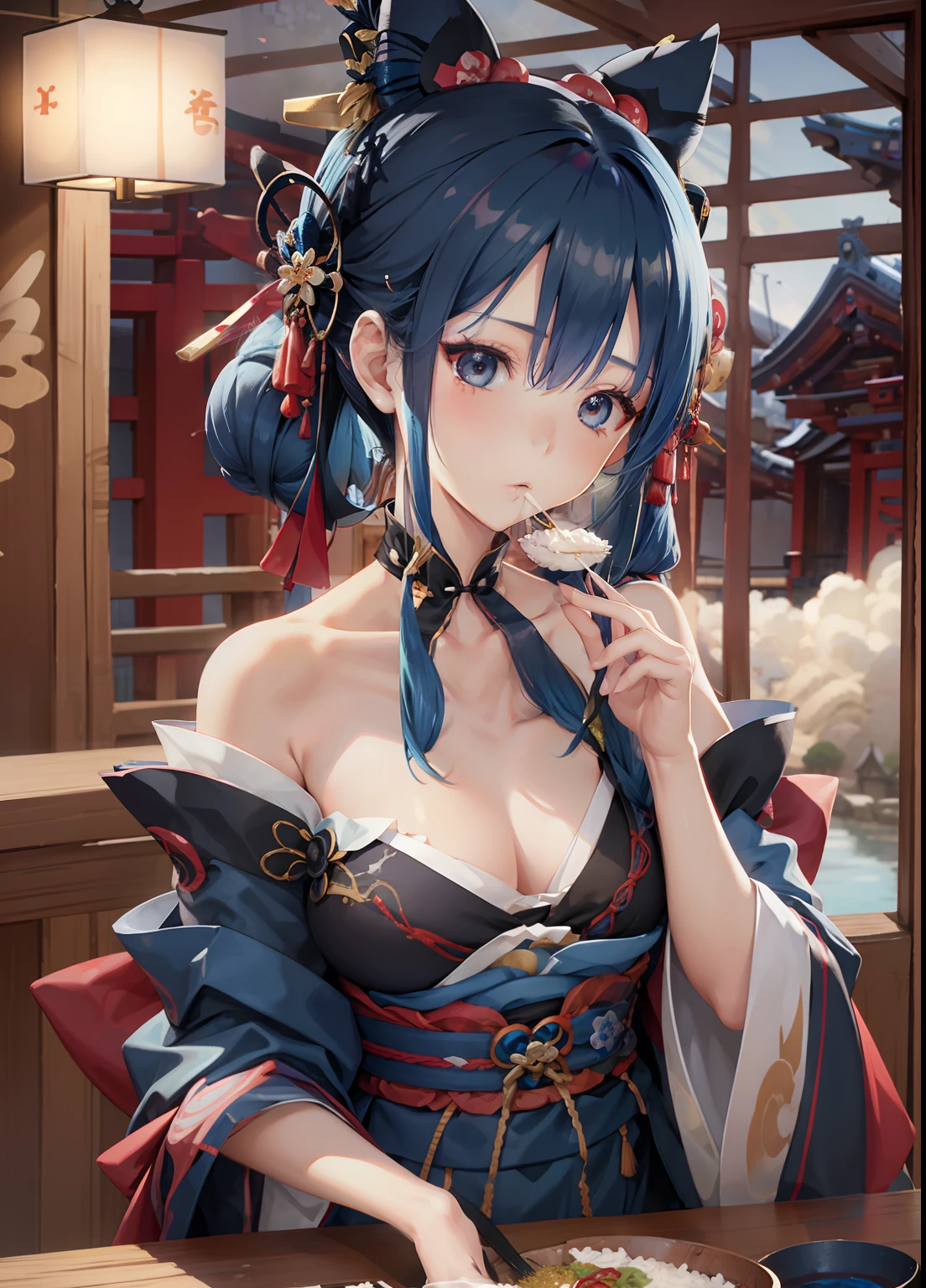 1girl in,Blue hair,Eating rice,Upper body、Blue kimono、japanes、Long black hair