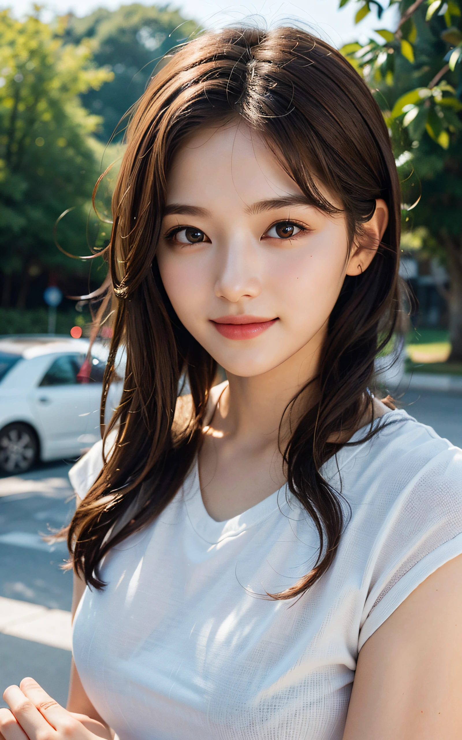 (Masterpiece:1.3), (8k, Photorealistic, RAW Photography, Best Quality: 1.4), soft light, professional lighting, 1girl,  ************, neat and clean beauty, shy, smile, Brown Medium hair,  (random hairstyles :1.2), outdoors