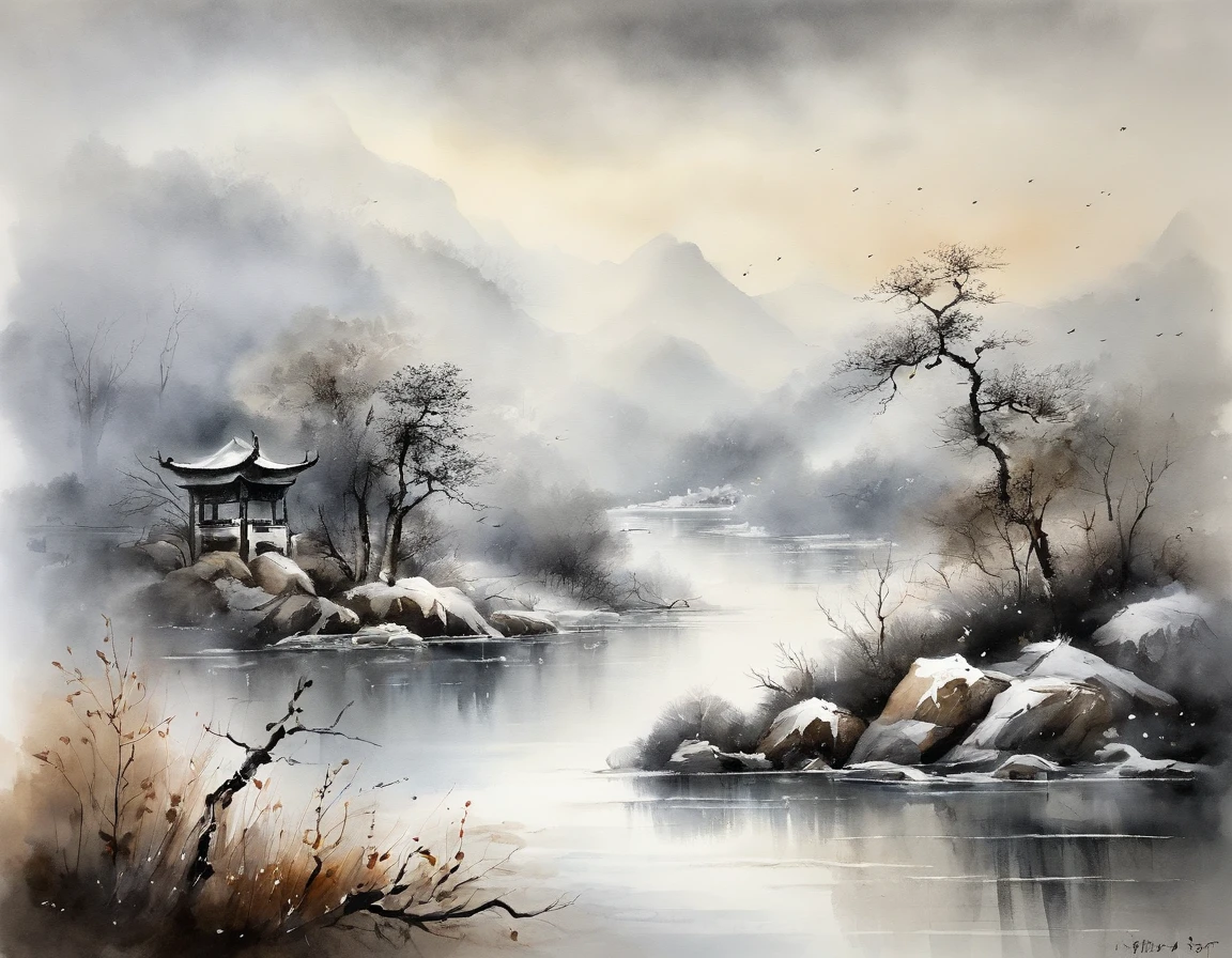 scenecy，Chinese ink painting style，Tranquil river，An old fishing man on the shore，Mountains loom in the distance，Foggy。