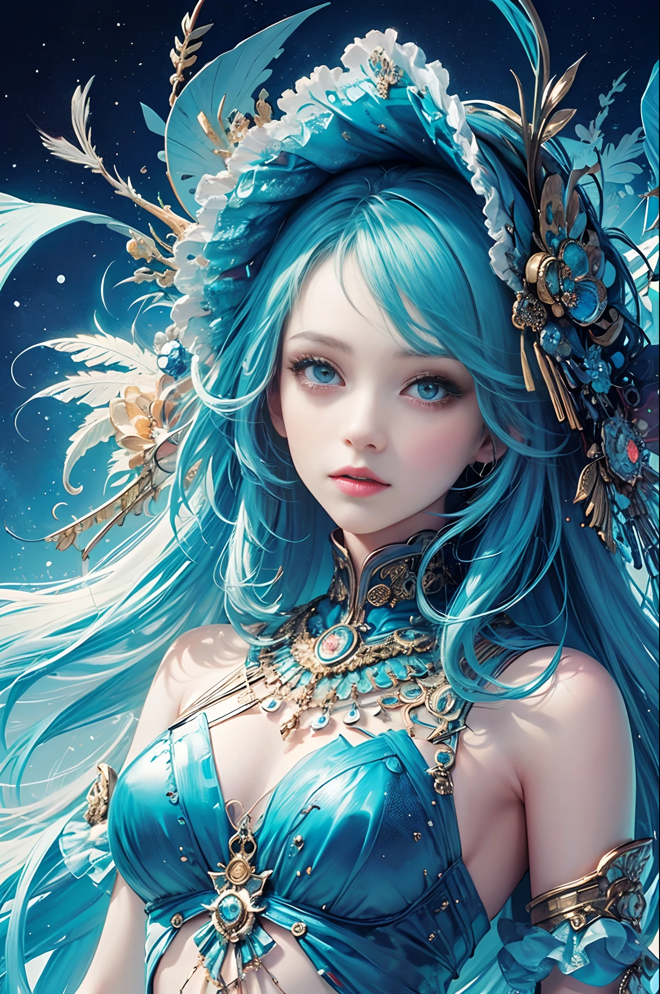 (masutepiece, of the highest quality, Best Quality, Official art, Beautiful and aesthetic:1.2), (1girl in), Extremely detailed,(Fractal Art:1.3),Colorful,Highest detail,Eye color is turquoise blue、