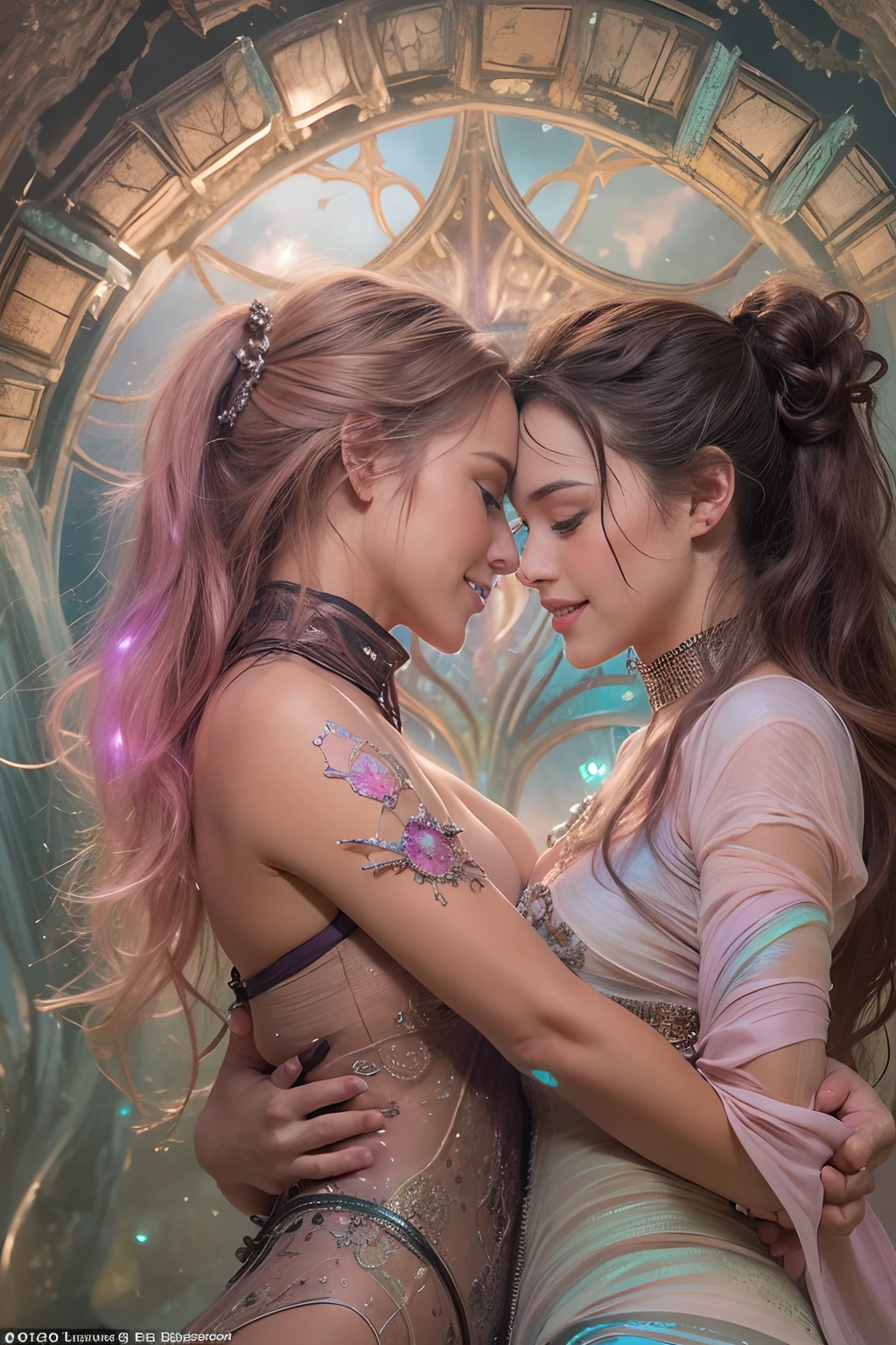 (Two beautiful teenage italian girls:1.6), Close friends, (They are hugging each other:1.2), Kiss her cheek or chest,(Detailed iridescent bodysuit with beautiful fractal or marble design:1.5)Incredible and spectacular scenes, ((High quality)), ((Detailed)), ((Fantasy)), Blue Plasma Brain, Green Plasma Body, Vulgarity, beutiful breast, (Open legs:1.4), obscenity, (Lewd smile:1.2), coarse, Obscene, mean, (raunchy:1.2), (Immoral:1.2), Lachish, (small breasts with beautiful raised pink areolas,,,:1.5), (Cameltoe), (Expression of ecstasy:1.2), Photorealistic, Official art, unity 8k wall paper, 8K Portrait, Best Quality, Very high resolution, (Incredibly beautiful nature background:1.6), (18 years old:1.5), (Sexy and glamorous:1.1), (A coquettish expression:1.6), (seductively smiling:1.6), (Full body), (erotic posing:1.5), Beautiful seductive face, Portrait, (Thick eyebrows:1.5), (Big purple eyes:1.2), Beautiful eyes with fine symmetry, (Ultra detailed eyes:1.4), (High resolution eyes:1.1), Intimate face, (ultra detailed skin texture:1.4), White skin, pale skin, Perfect Anatomy, Thin, (Beautiful toned body:1.1), Hair Bow, (Moist skin:1.1), full of sweat, No makeup, dark circles, Good anatomy, Focus Face, good-looking, (Emilia Clark:0.6) (Emma watson:0.3),(Jennifer Connelly:0.4), (sensual face:1.5), Elegant face, Nice, Dolce, Blurred back((looks up)), ((Looking down)), (Around her neck is a simple necklace of exquisite workmanship), (Bioluminescence with brilliant brilliance:1.3), (Use fancy flame magic:1.2), (Swirling flames), The Great Temple of the Devil, The Devil's Grand Shrine, great temple, great cathedral, temple ruins, detached temple, (Luminous magic circle), Ruins of an ancient castle, Shining majestic cloud masses and sky, lightning bolt, Epic Realistic, Faded, Art Book, (Greg Rutkowski:0.8), (teal and orange:0.4), (Art Station:1.5), Cinematic, ((Neutral colors)), (nffsw:1.5), (Muted colors:1.2), Hyper Detailed, Dramatic light, (Intricate details:1.1), Complex