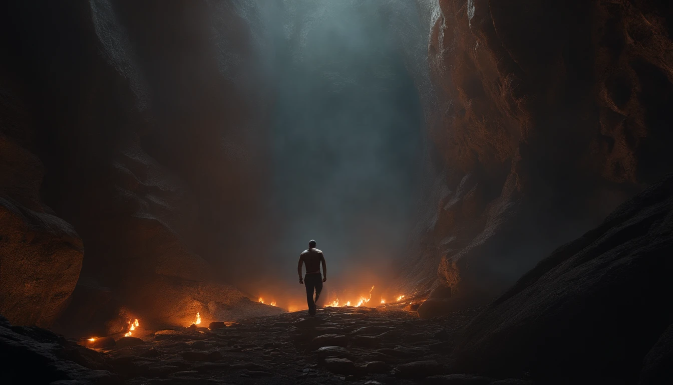 A man walks up the stairs in a cave, stairs from hell to heaven, Hellscape, Travel through hell, portal to hell, Out of the flames, portal to hell, stairway to heaven, portal to hell, Surreal hell, portal to hell, Stand in hell, iintricate、Epic composition, amazingly epic visuals, Hell background,skelleton,Skeleton falls apart on the road, trending on artstation, sharp focus, studio photo, intricate details, highly detailed, by greg rutkowski