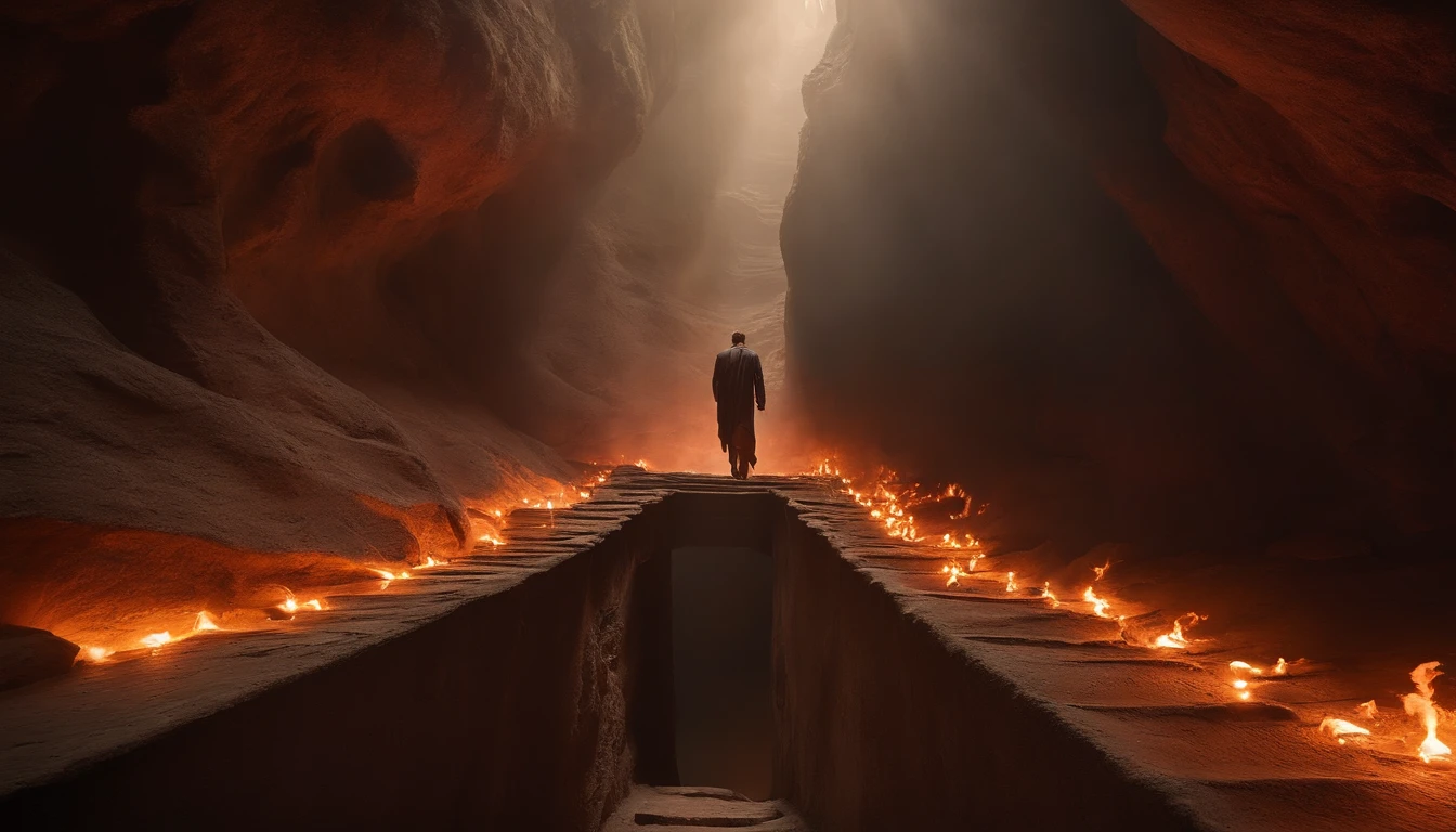 A man walks up the stairs in a cave, stairs from hell to heaven, Hellscape, Travel through hell, portal to hell, Out of the flames, portal to hell, stairway to heaven, portal to hell, Surreal hell, portal to hell, Stand in hell, iintricate、Epic composition, amazingly epic visuals, Hell background,skelleton,Skeleton falls apart on the road, trending on artstation, sharp focus, studio photo, intricate details, highly detailed, by greg rutkowski