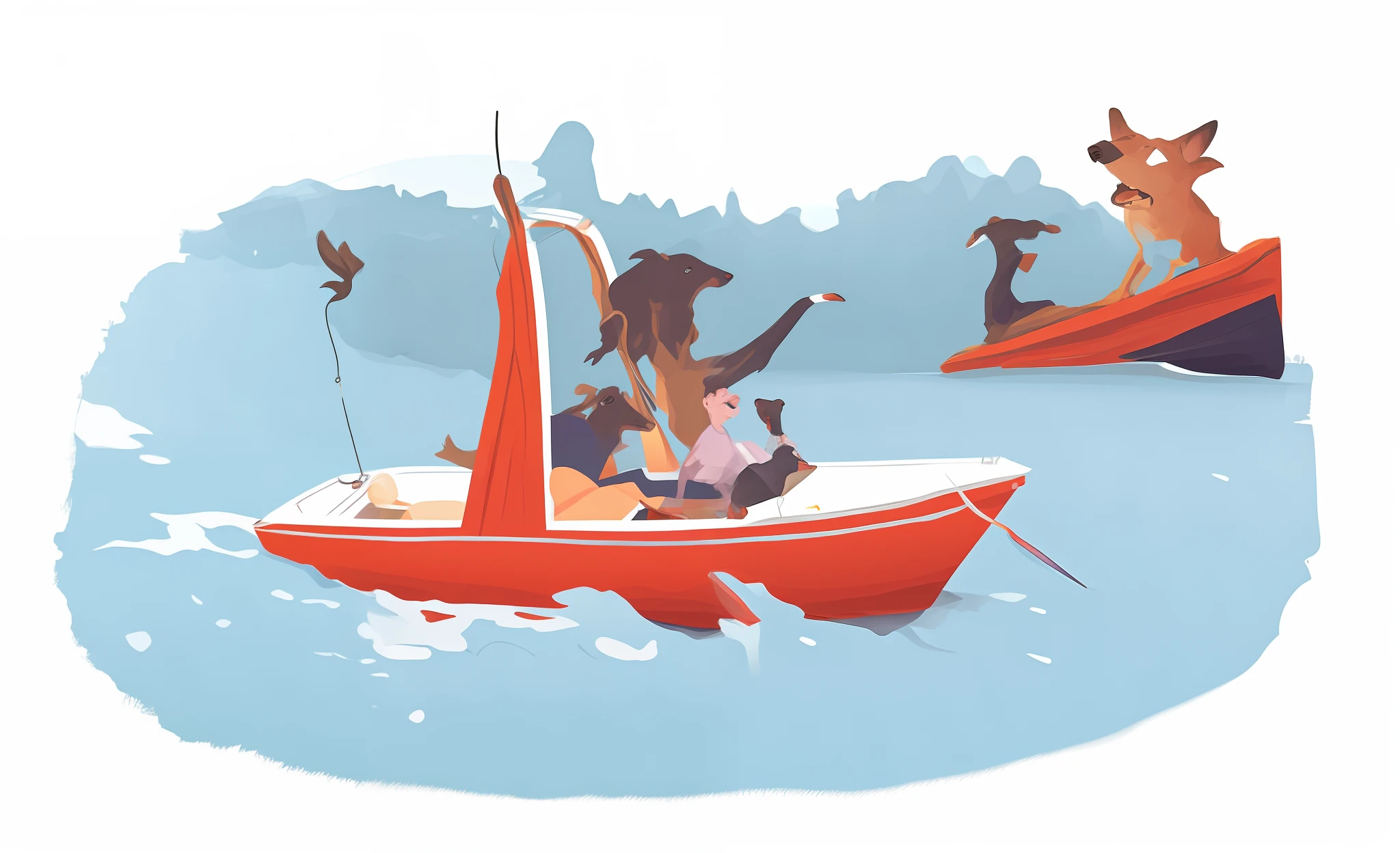 The cartoon illustration of the boat has a dog and a man on board, author：Paul Bird, A illustration, author：Carey Morris, Stylized digital illustration, author：Matt Kavota, Illustratioin, author：Hamish MacDonald, author：Aneurin Jones, editorialillustrations, Commercial illustration, author：Marvern Gray Johnson, author：Winona Nelson, author：Derek Hill