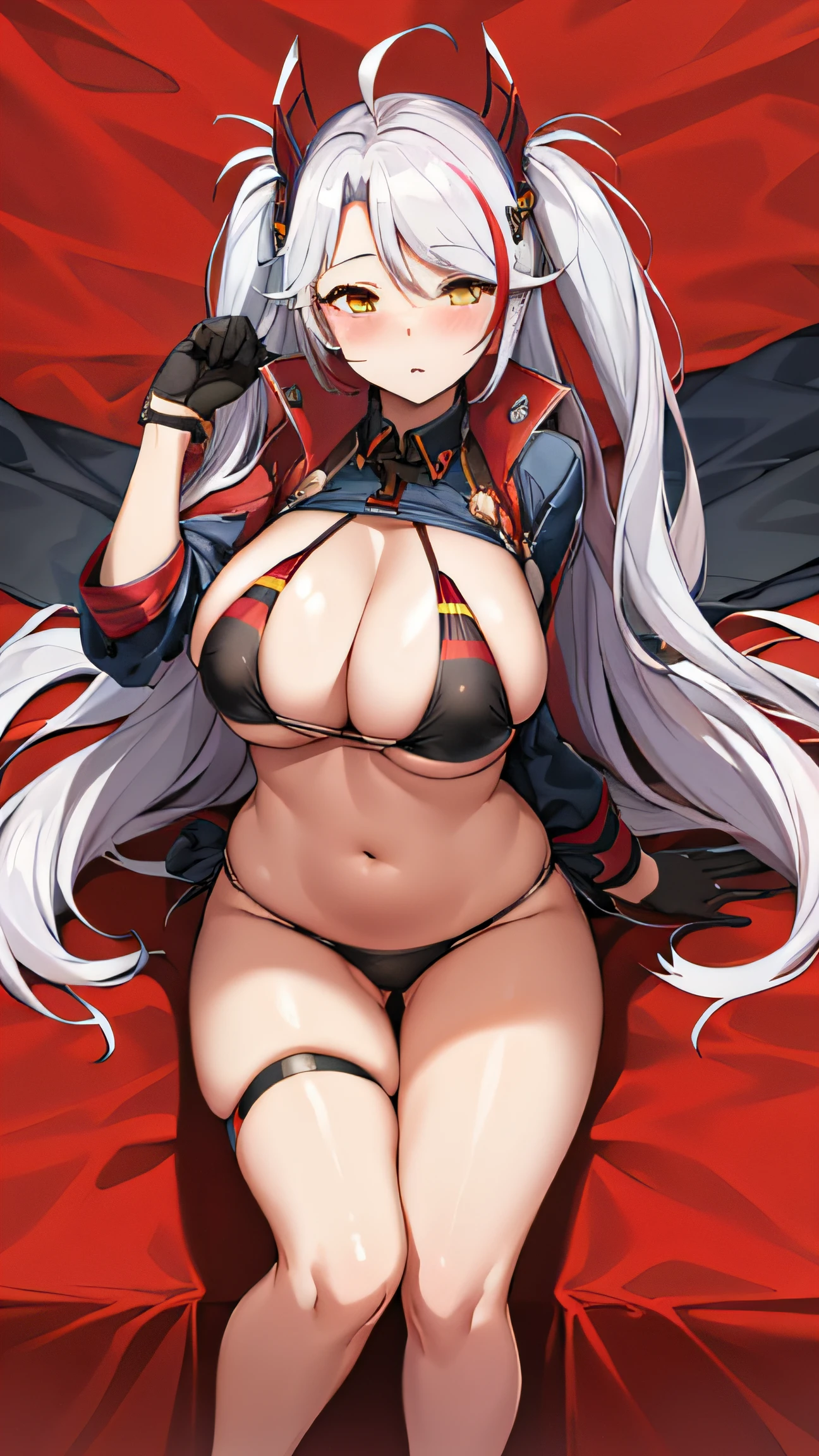 masutepiece, Best Quality, PrinzV4, 1girl in, Solo, Long hair, breasts, Looking at Viewer, Large breasts, gloves, Navel, Holding,  Yellow eyes, White hair, Red hair, multicolored hair, Open your clothes, official alternate costume, striated hair, Headgear, a flag, Red panties,  Pending Flag,Poses that emphasize breasts、top-quality,Black swimsuit、Black string swimsuit、lift the breast