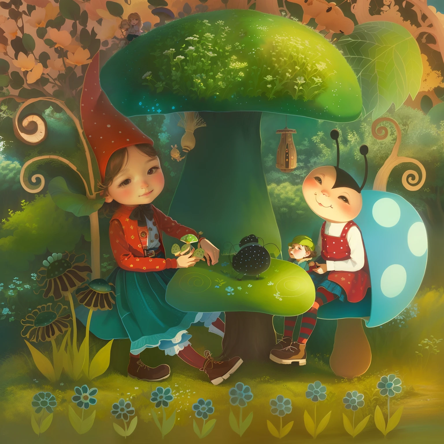There are two children sitting on a mushroom with a ladybug, childrens illustration, illustration of children's book, illustration of children's books, illustration for children, illustration of children's books, ilustrado em estilo caprichoso, illustration of children's books, Children's illustration, Hobbits Joaninha, illustration for children's book, illustration of children's book, cute storybook illustration, storybook illustration, full-colour illustration, fairytale illustration