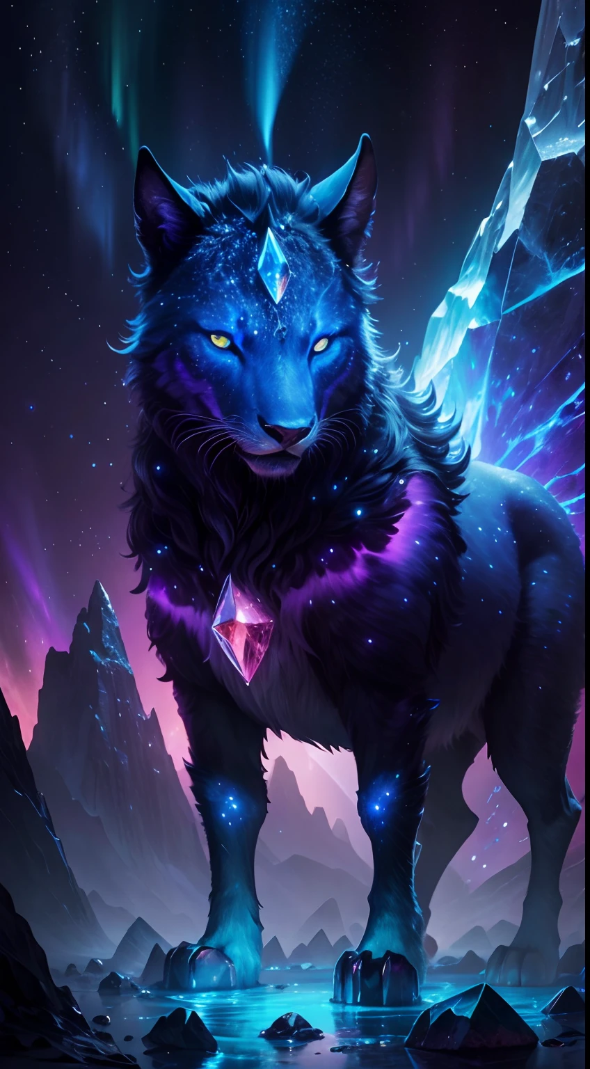 masterpiece, a crystal animal on cosmic landscape, magical glow, fantasy, crazy, surreal, spectral, radioactive, night, starry sky, milkway, red, red glow, epic, breath taking, crystals, cool, 4k, traced lights, Northern Lights, aurora boreal, magical atmosphere, liquid, the animal has four paws, the animal is made of crystal and his skin is hard rock, is a mystical creature, the animal posture transmite an elegance and power, he has glowing eyes, a magical atmosphere, glowing eyes, fantasy, intricate, phcrystal