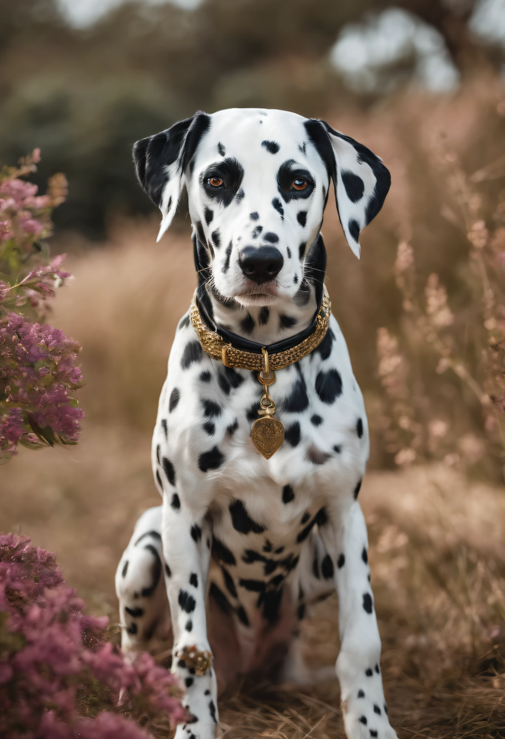 cachorro dalmata correndo feliz em um campo florido
