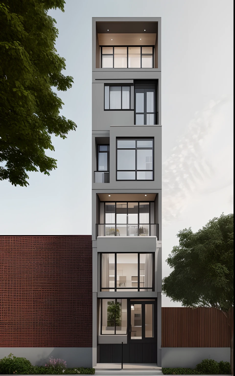 a rendering of a tall building with a door and windows, elevation view, building facing, front elevation view, mid-view, modern lush condo as shopfront, full building, front-view, front elevation, frontview, perspective view, flat 2 d, comprehensive 2 d render, front perspective, street elevation, 3/4 view from below, single building