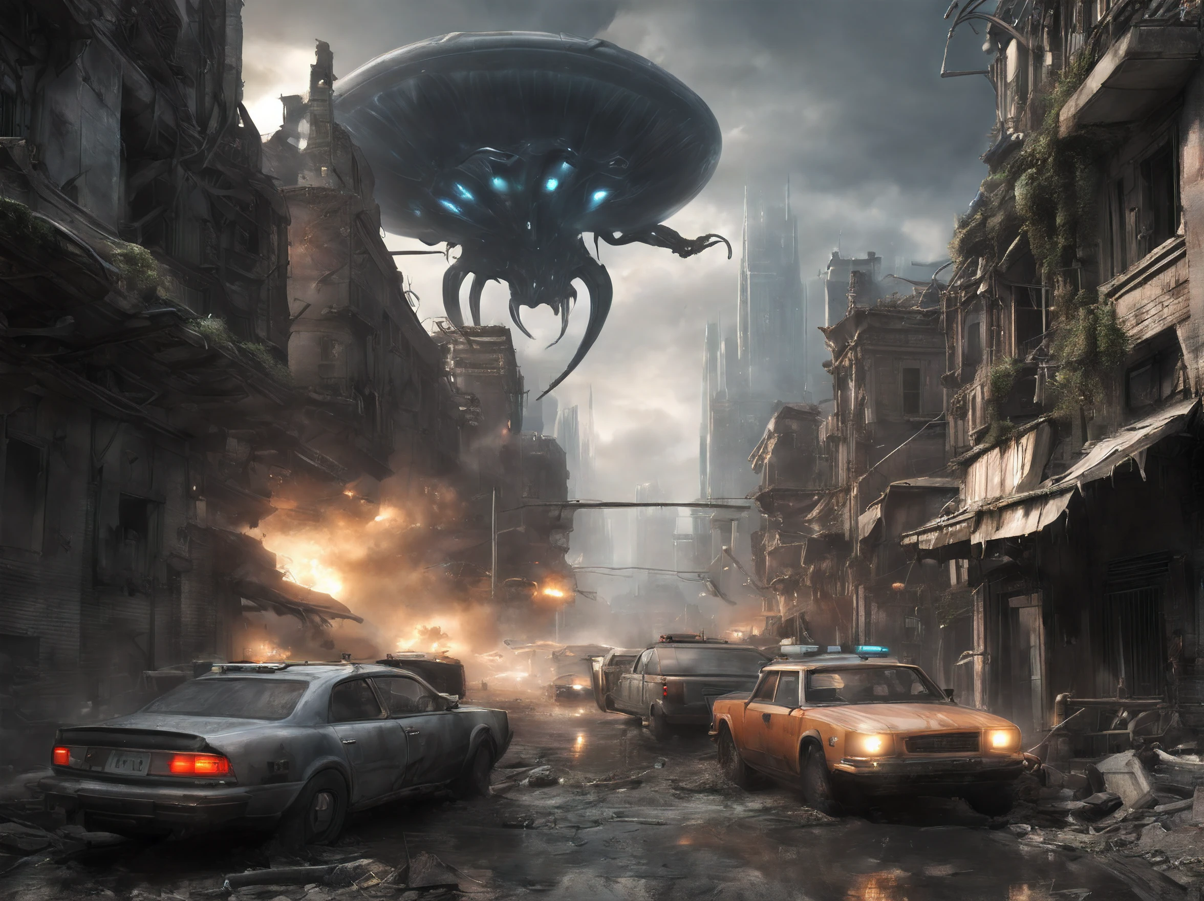 ((Masterpiece)), (Detailed), Doomsday City,(Armageddon),Dilapidated city,Dilapidated streets, (mirai:1.1),Devastated city,Desolate streets, (Alien biomachinery:1.5),Mechanical design,Alien technology,with light glowing,Mechanicalweapon,A huge fireball fell from the sky,crumbling buildings,Smoke billowed out,Terrible storm,tendrils,terroral, (city ruins:1.2), nightmarish, It's terrible, Powerful, Complexity, dystopian, disrupt, illuminations,