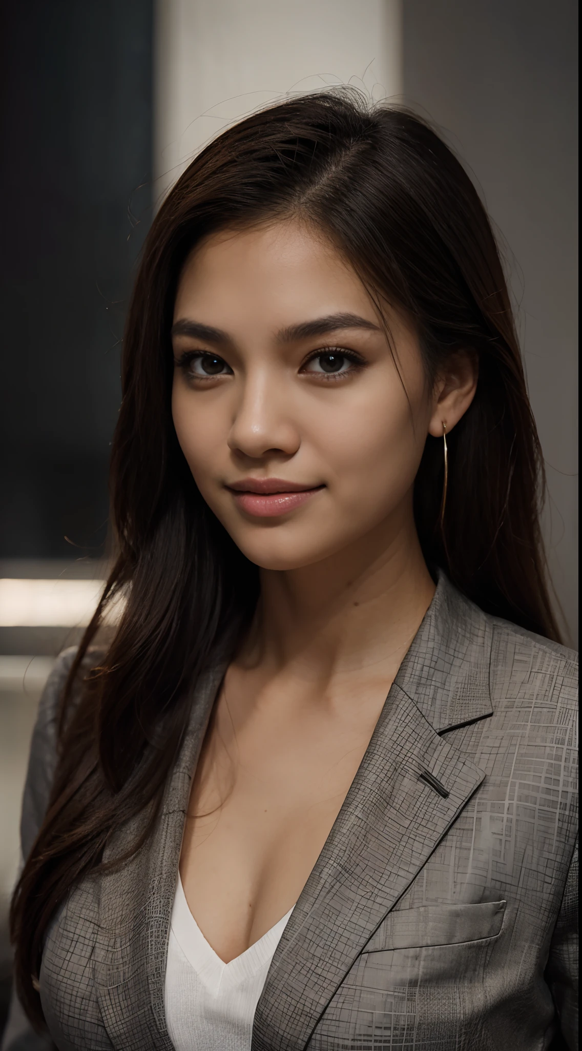 RAW Photo, DSLR BREAK (kkw-ph1:0.9) BREAK portrait of 1 young 20yo woman, brown hair, wearing a business suit, with a business suit on, in a strict suit, wearing stud pearl earrings, perfect eyes, perfect lips, perfect nose, professional color graded, wonderful woman, dark background, filipina, pinay, filipino woman, smiling