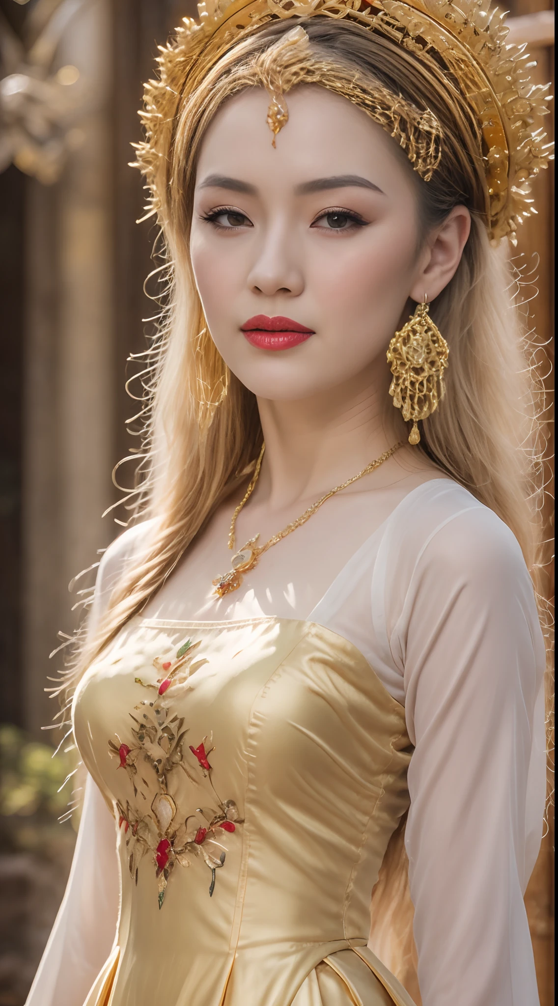 Portrait of a young 20-year-old saint, a saint with a beautiful and super cute face,Wearing a thin red dress with gold edging and glittering and sexy, Ao dai is studded with small sparkling pearls, beautiful cute face, Chinese cute doll, Ao dai with a deep slit in the chest and attractive black and white lace trim, beautiful face without blemishes, shut up, ((long hair seven colors rainbow:1.2)), big crown, hair brooch, hanfu dress, chinese ancient style, Neck and hand necklaces, small earrings, hair jewelry, hair brooches, ao dai with many meticulous motifs, forehead tattoo, The female saint's breasts are round and very full, breast augmentation, innocent face, The most beautiful and detailed light red lipstick, ((Thin plump lips:0.3)), ((Golden eyes:1.2)), The eyes are delicately decorated,(white and detailed) cinematic, light and dark, dramatic lighting, magical light, extremely detailed light, true color, super sharp, realistic, 8k quality, fantasy universe background, saints and magical space, the most detailed images, Solo, a saintess, ((looking directly at the saint's upper body:0.4)), ((smooth skin:0.5)), Extremely detailed pixels, super true, extremely detailed and complex graphics, the highest resolution, close-up portrait,