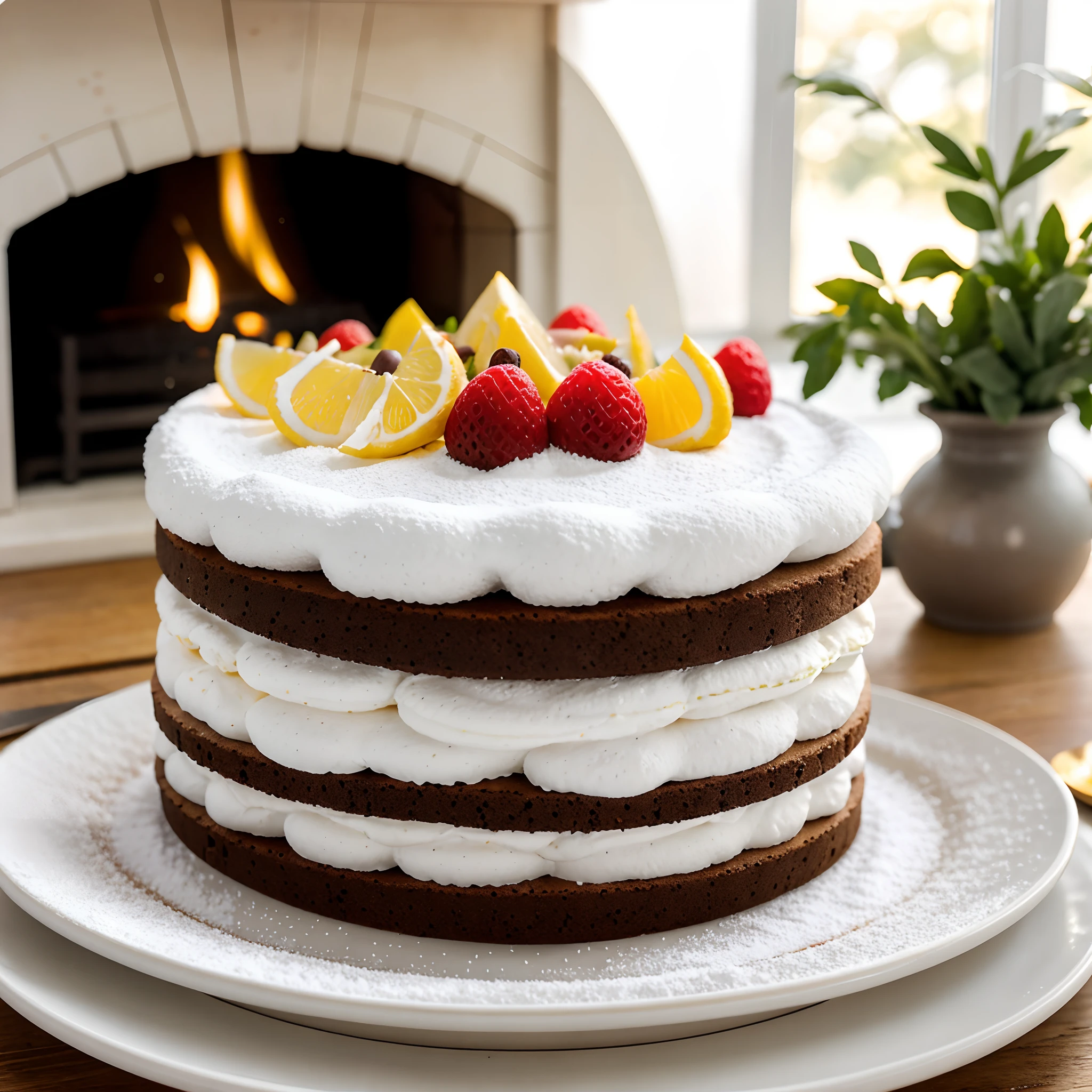 A close-up shot of a millefeuille cake. The millefeuille cake is covered with powdered sugar. Slices of cake and teaspoon near. Create a vibrant and appetizing image. The cake is in a white square plate with a golden edge. On the plate there are chocolate chips. The plate is placed on a rustic wooden table with a refined white napkin resting on the side. Steam smoke coming out from a pot in background. The scene is set in a homey kitchen environment, wood oven on, with blurred background elements that suggest a warm, everyday setting. A seasonal fruit basket on the table The lighting should be natural and soft, highlighting the appetizing qualities of cold cuts and the cozy atmosphere of the setting, detailed professional photography and light, close-up, eye level, still life