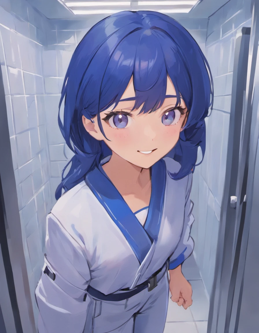 Young Latina ((ultra realistic:1.2)), smiling a lot in navy blue lab coat and light pink pants, in the bathroom extremely bright, (clouse-up), face close, dslr, 100 mm