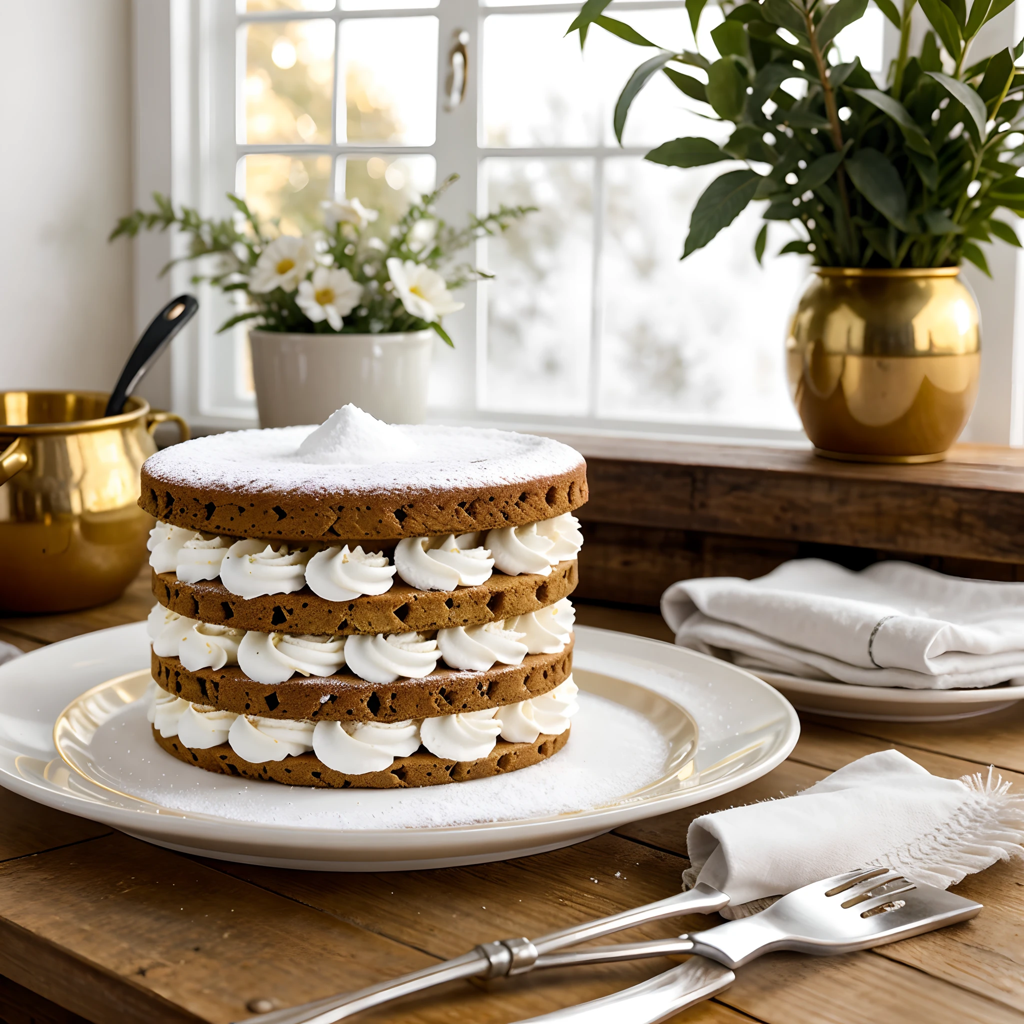 A close-up shot of a millefeuille cake. The millefeuille cake is covered with powdered sugar. Slices of cake and teaspoon near. Create a vibrant and appetizing image. The cake is in a white square plate with a golden edge. On the plate there are chocolate chips. The plate is placed on a rustic wooden table with a refined white napkin resting on the side. Steam smoke coming out from a pot in background. The scene is set in a homey kitchen environment, wood oven on, with blurred background elements that suggest a warm, everyday setting. A seasonal fruit basket on the table The lighting should be natural and soft, highlighting the appetizing qualities of cold cuts and the cozy atmosphere of the setting, detailed professional photography and light, close-up, eye level, still life