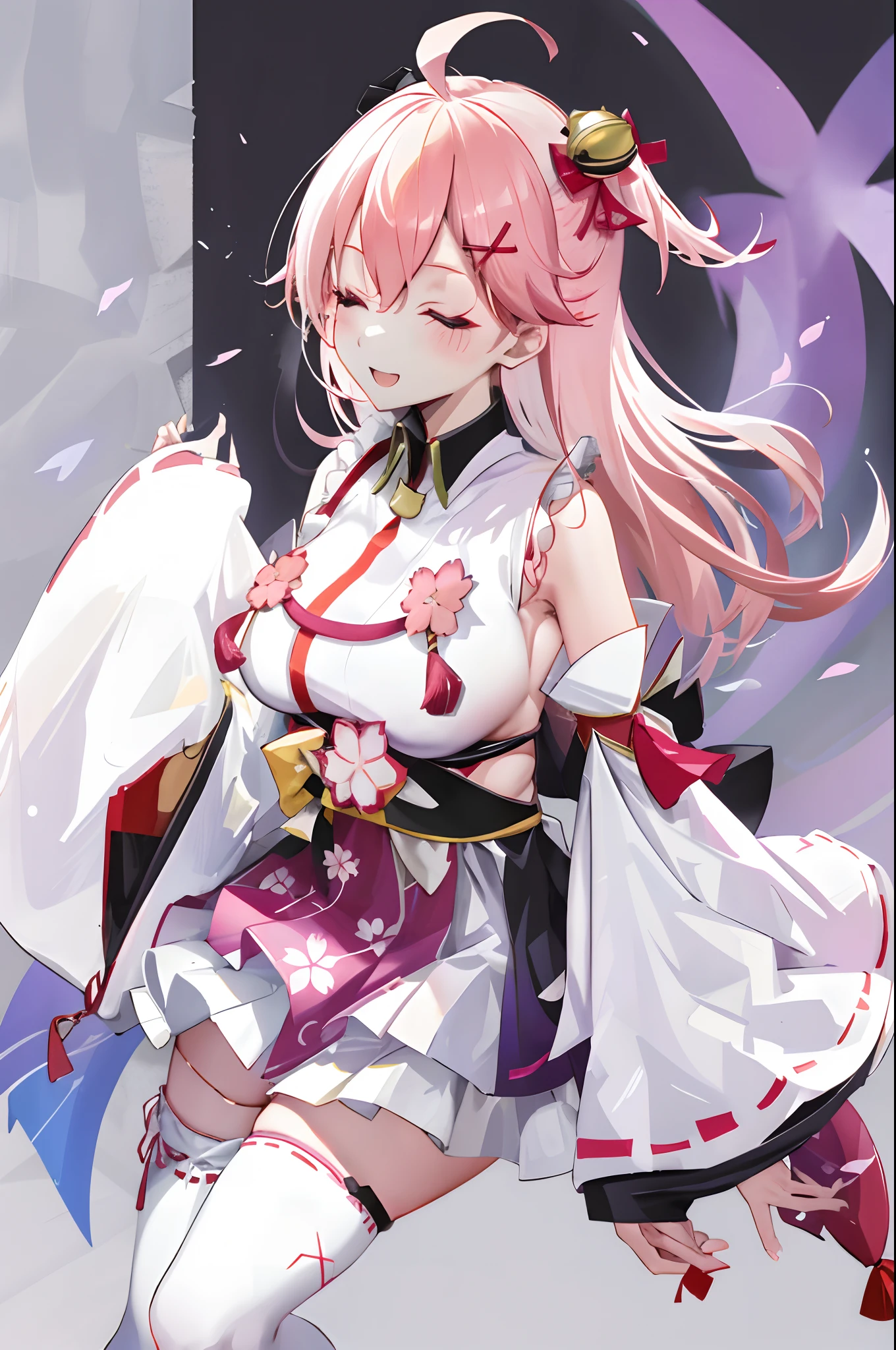 masterpiece, best quality, highres, miko1, sakura_miko, 1girl, big_boobs, solo, ahoge, x_hair_ornament, pink_hair, floral print, hairclip,(side_less_clothes:1.5), (side_boobs:1.5), hair_bell, floral print, long_hair, hair between eyes, one side up, white thighhighs, asymmetrical legwear, wide sleeves, open_mouth,(happy:1.3),close_eyes,big_smile,rising_leg,plump,apart_legs,(overly_long_sleeves:1.3),(beautiful_fingers),sleeves_past_wrists,hands_hidden_sleeves,sidelock_clothes,dynamic_posing,solo,hidden_wrists,(XD:1.4),